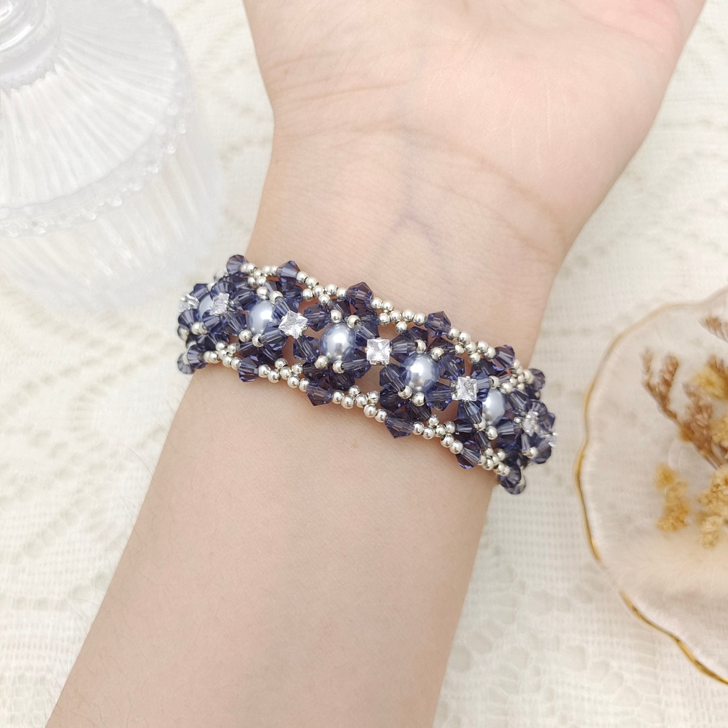 【No.118】DIY Jewelry Kit | “Dance of the Mystic Lotus” Bracelet with Pearls, CZ & Beads | Complete Tutorial Included