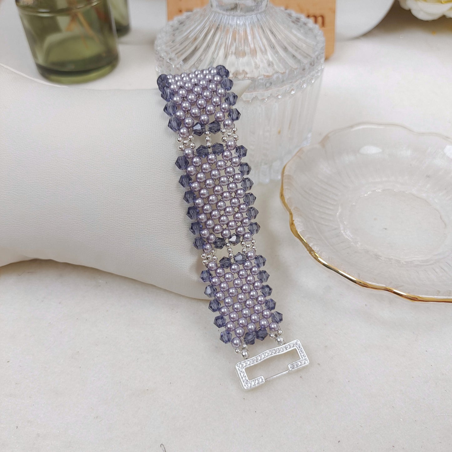 【No.132】DIY Bracelet Kit – “Chanel Style Plus” Beading Set | 3mm Pearls, 4mm Rhombus Beads, 6-Hole Clasp | Complete Tutorial Included iFCraftorium