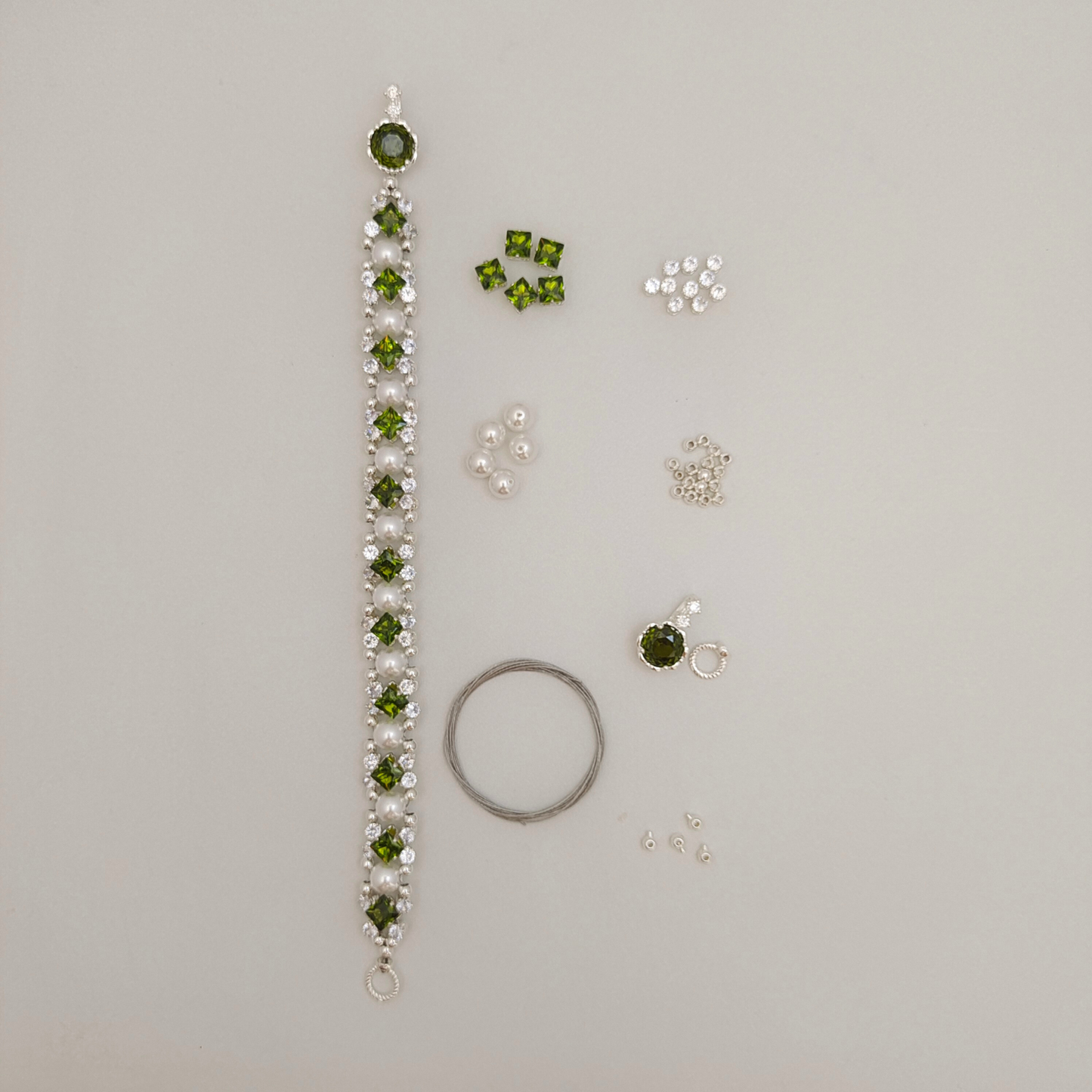 【No.89】DIY Bracelet Kit – Green Lime with Square CZ, Pearls & Olive Gem Clasp