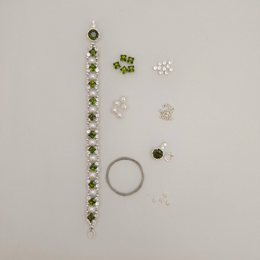 【No.89】DIY Bracelet Kit – Green Lime with Square CZ, Pearls & Olive Gem Clasp