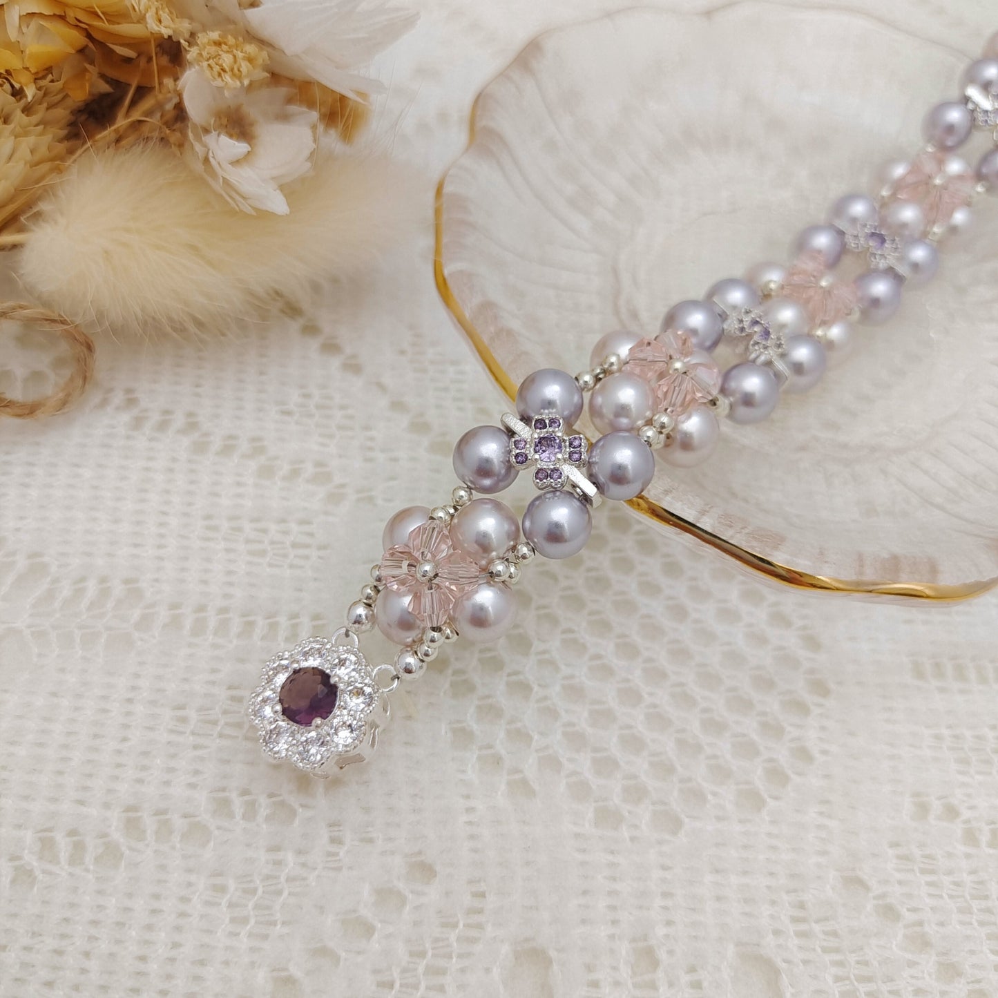 【No.128】DIY Bracelet Kit – Taro Milk Tea Design | Pearl, Diamond Beads & Zircon Clasp | Full Tutorial Included