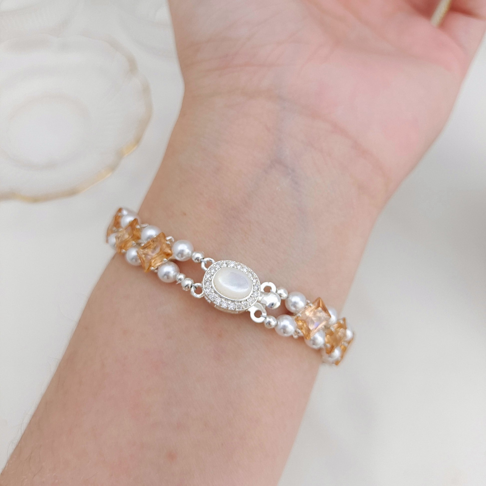 【No.176】DIY Square Zircon Pearl Bracelet Making Kit | Handmade Square Zircon Pearl Bracelet  | Complete Bead Kit with Tutorial | 4*7mm Square Zircon 4mm Pearl Craft Kit iFCraftorium