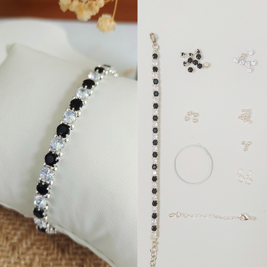 No.16 Classic Black & White DIY Bracelet Kit – 4mm CZ Beads, Silver Seed Beads, Complete Tutorial
