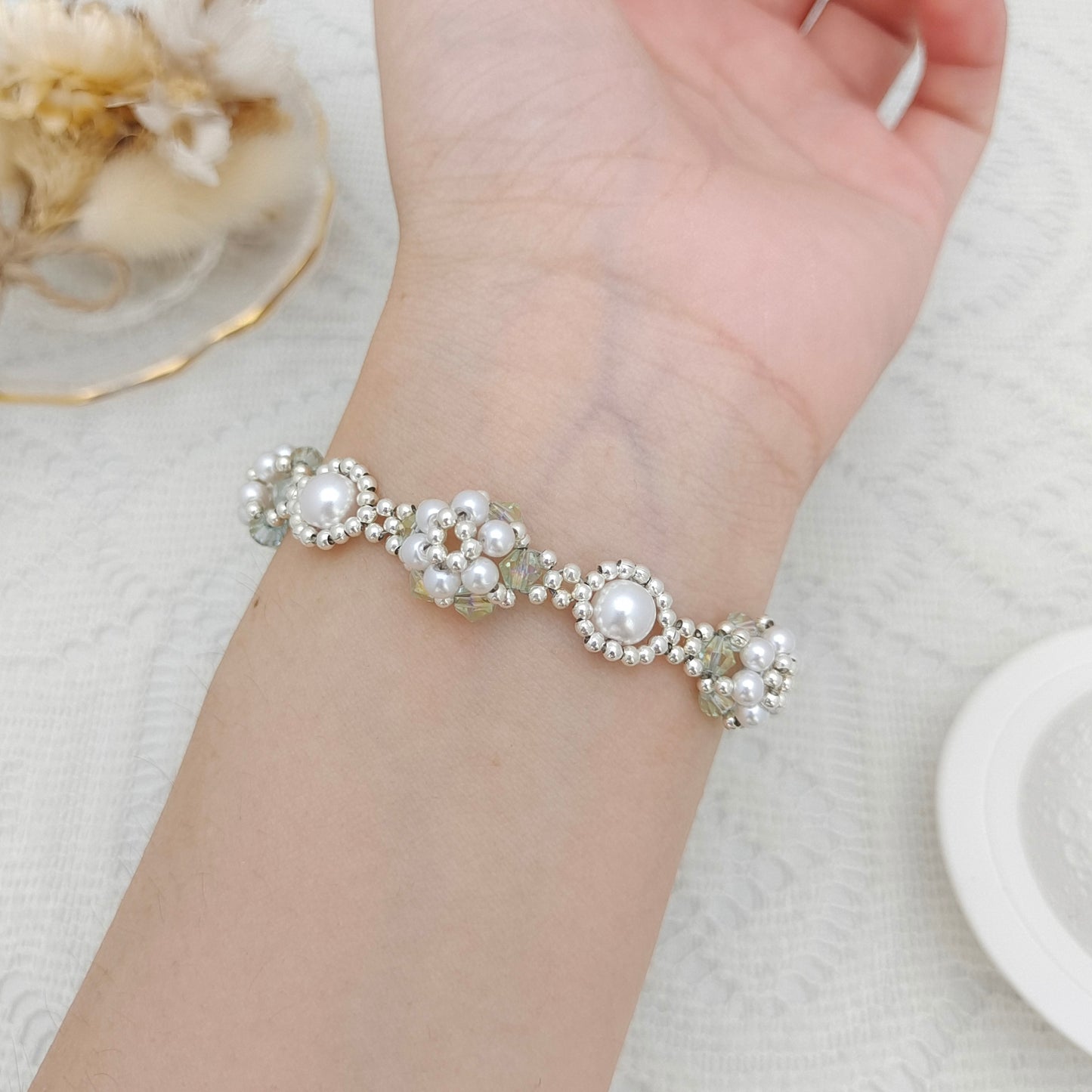 【No.105】Handmade Bracelet – Mini Sunflower | Pearls, Diamond Beads & Clover Clasp