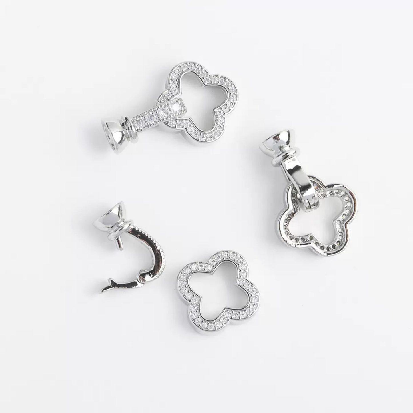 【B21】2PCS Four-Leaf Clover End Clasp – Full Rhinestone | 23×14mm Copper DIY Jewelry Connector