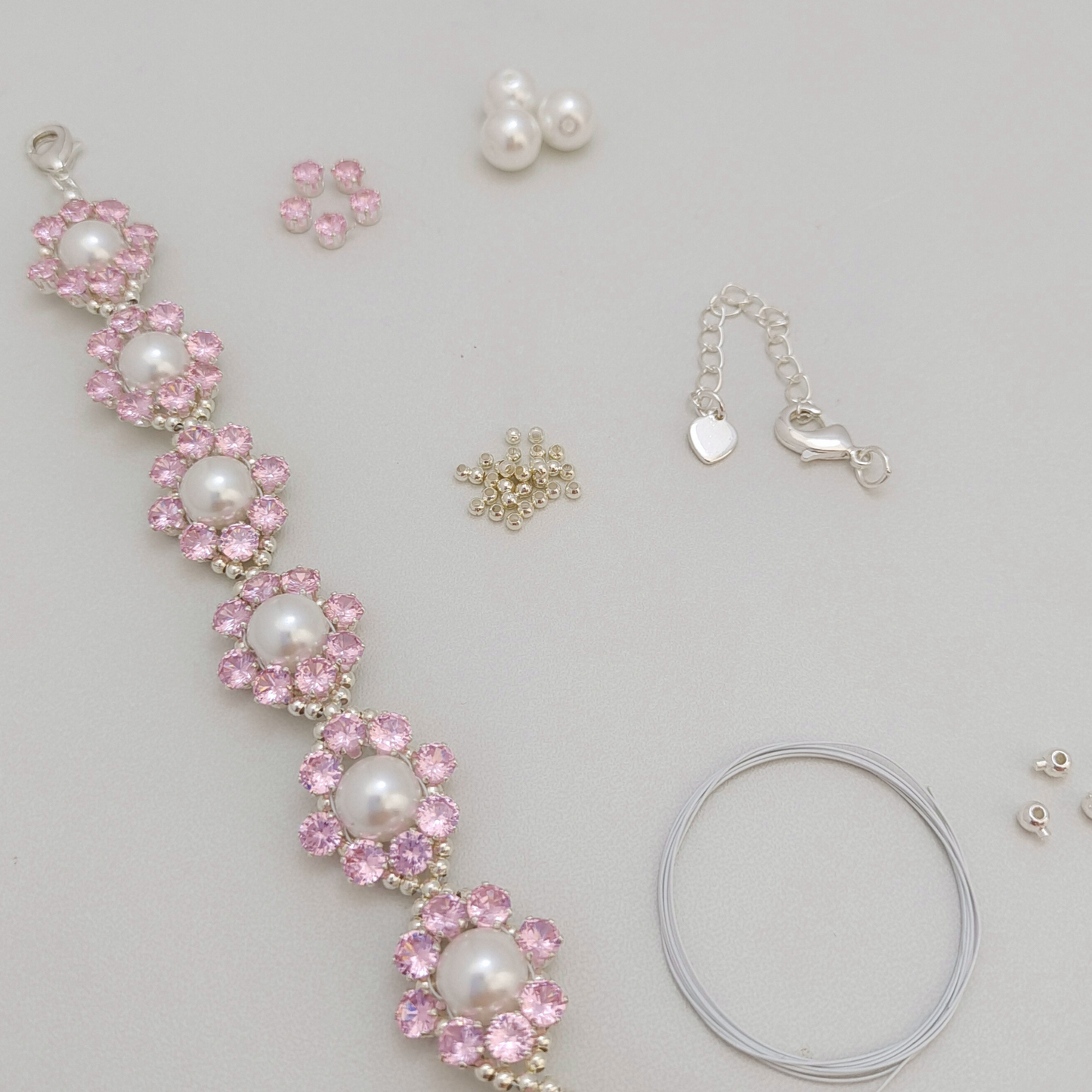 【No.93】DIY Bracelet Kit – Pink Rose Design | 8mm Pearls + Pink CZ Beads | Full Tutorial Included