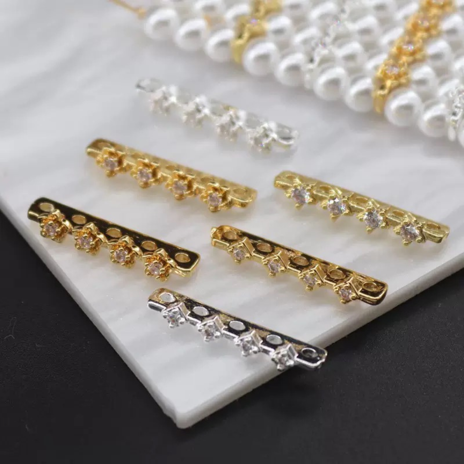 【S15】5PCS DIY Jewelry Findings – 5-Strand Spacer Bar with Micro Pave CZ | Silver Plated Copper, Anti-Tarnish iFCraftorium