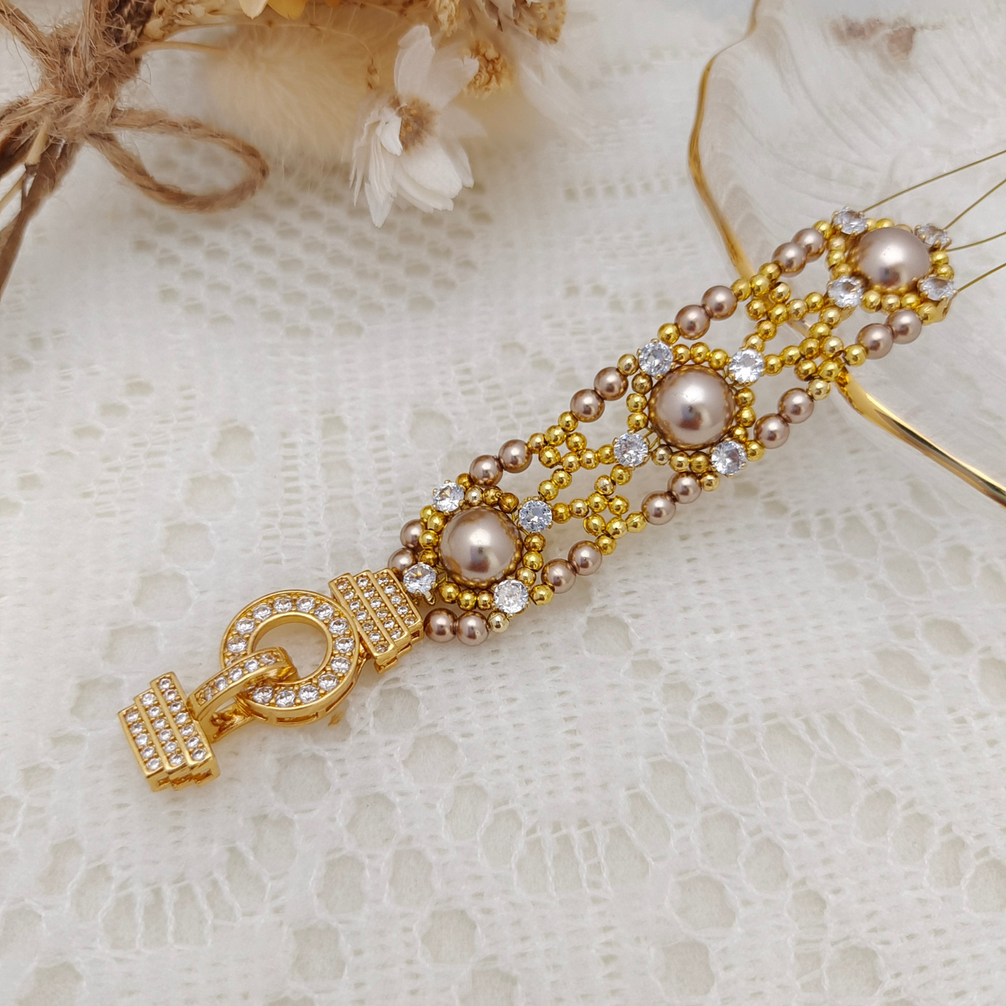 【No.104】Handmade Bracelet – Dream Weaver | Pearls & Zircon | Elegant DIY Jewelry