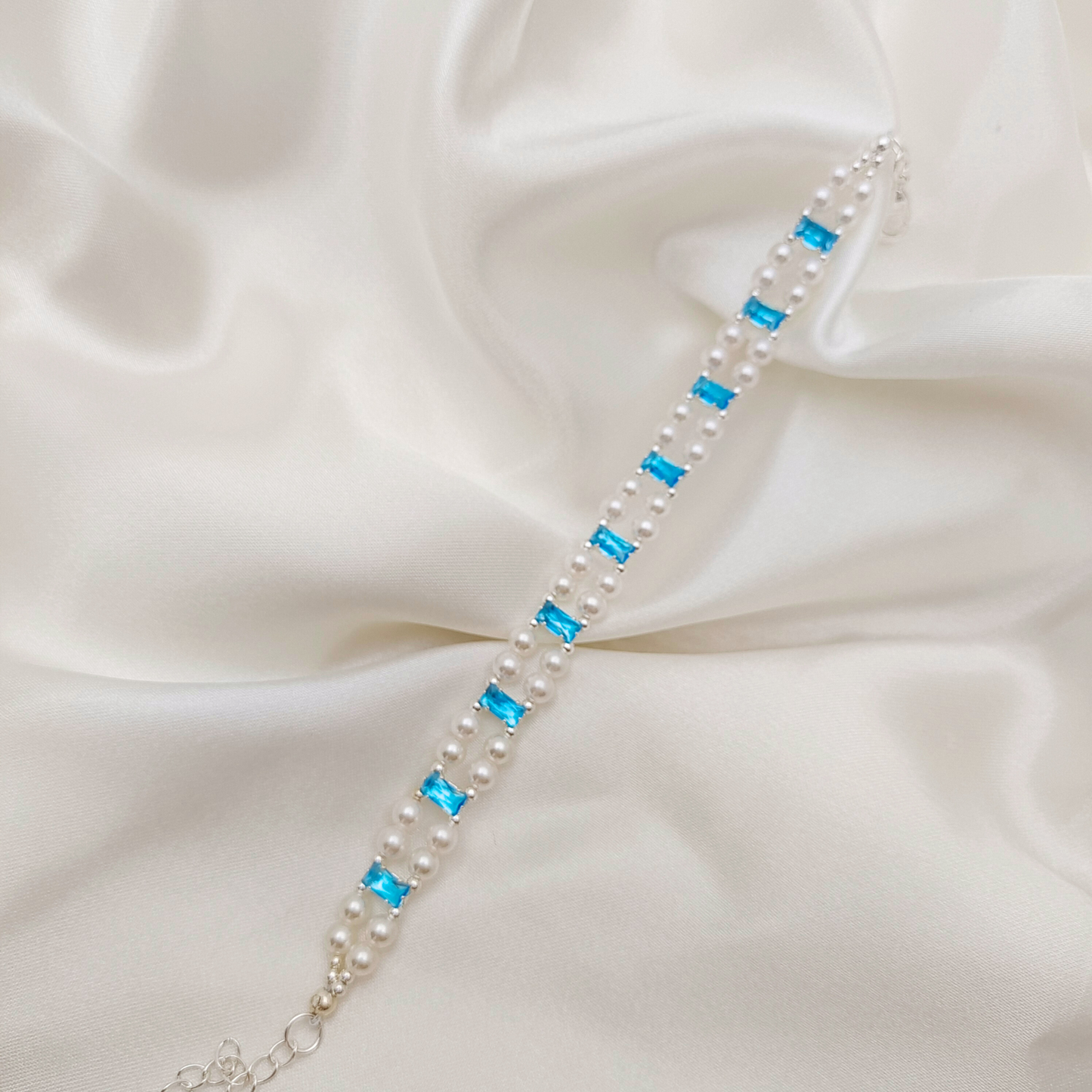 【No.37】DIY Celestial Pearl Link Handmade Bracelet | Aquamarine Zircon & Pearl | Finished Beaded Jewelry