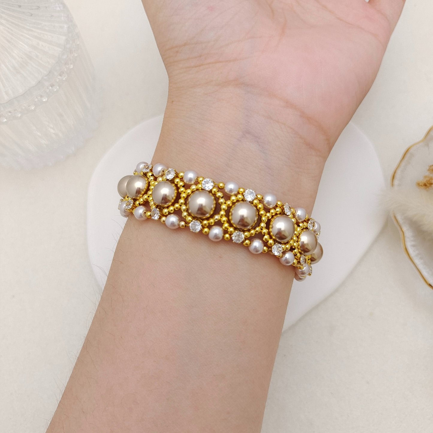 【No.114】DIY Beading Kit | Aureate Bead Blossom Bracelet Materials + Full Tutorial | Pearls, CZ Beads & Lollipop O-Clasp