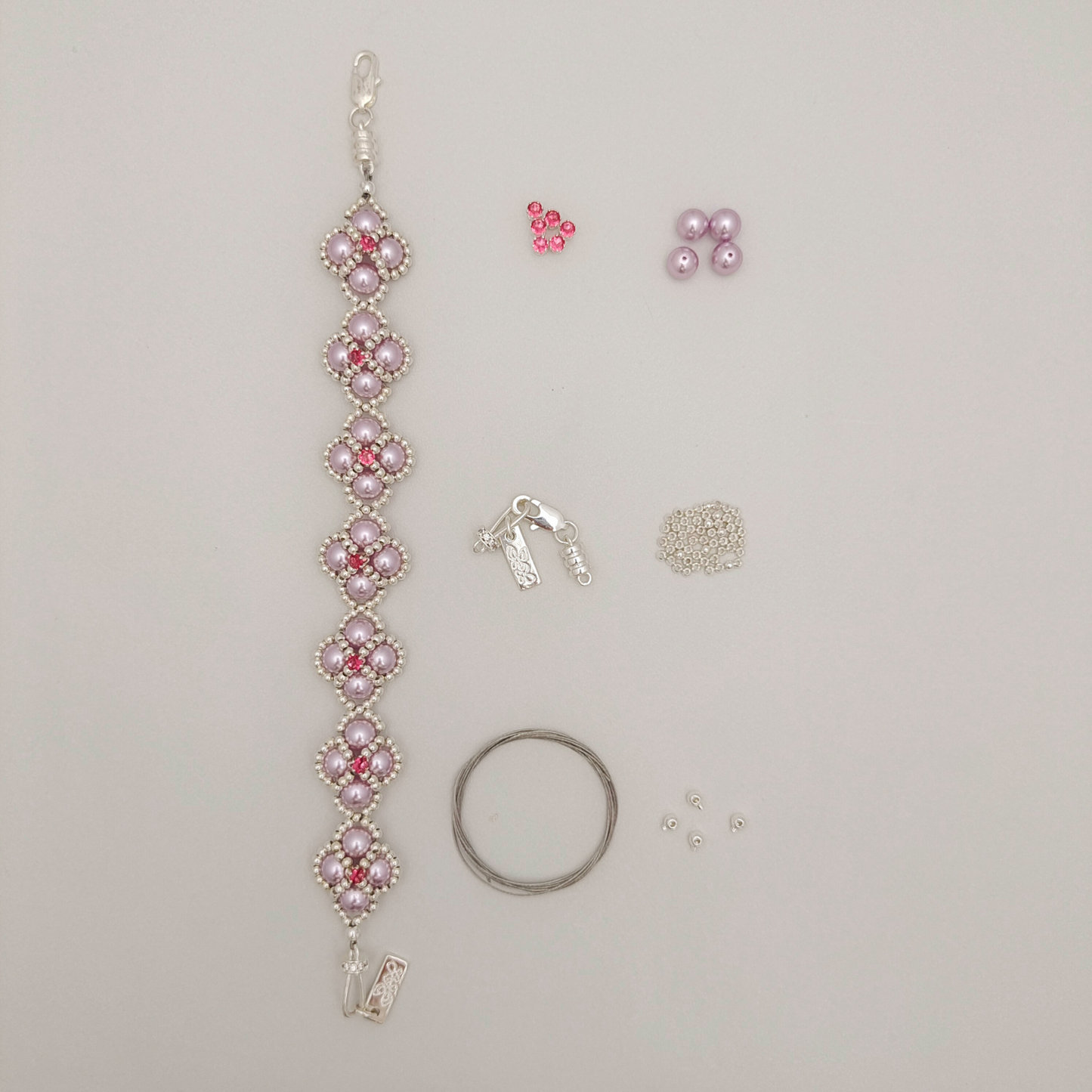 【No.103】DIY Bracelet Kit – “Purple Clover” Pearl & Crystal with Lobster Clasp | Complete Jewelry Making Set