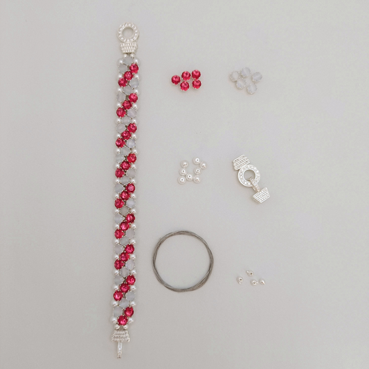 【90】DIY Bracelet Kit – Carnation | Rose Red CZ + White Cat Eye + Pearls | Full Tutorial Included