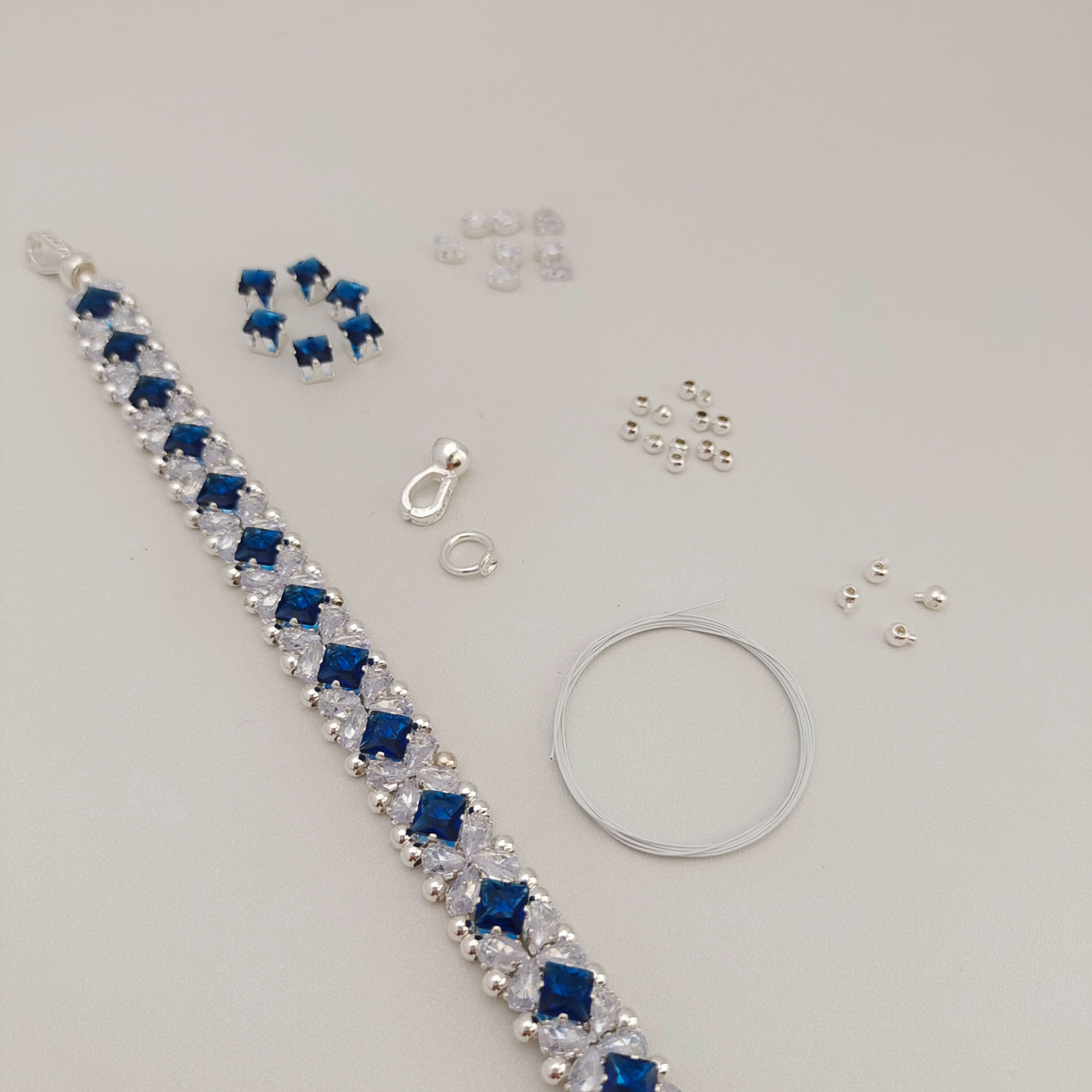 【No.82】 DIY Bracelet Craft Kit – Blue Danube Square & Teardrop CZ Bead Set with Full Tutorial