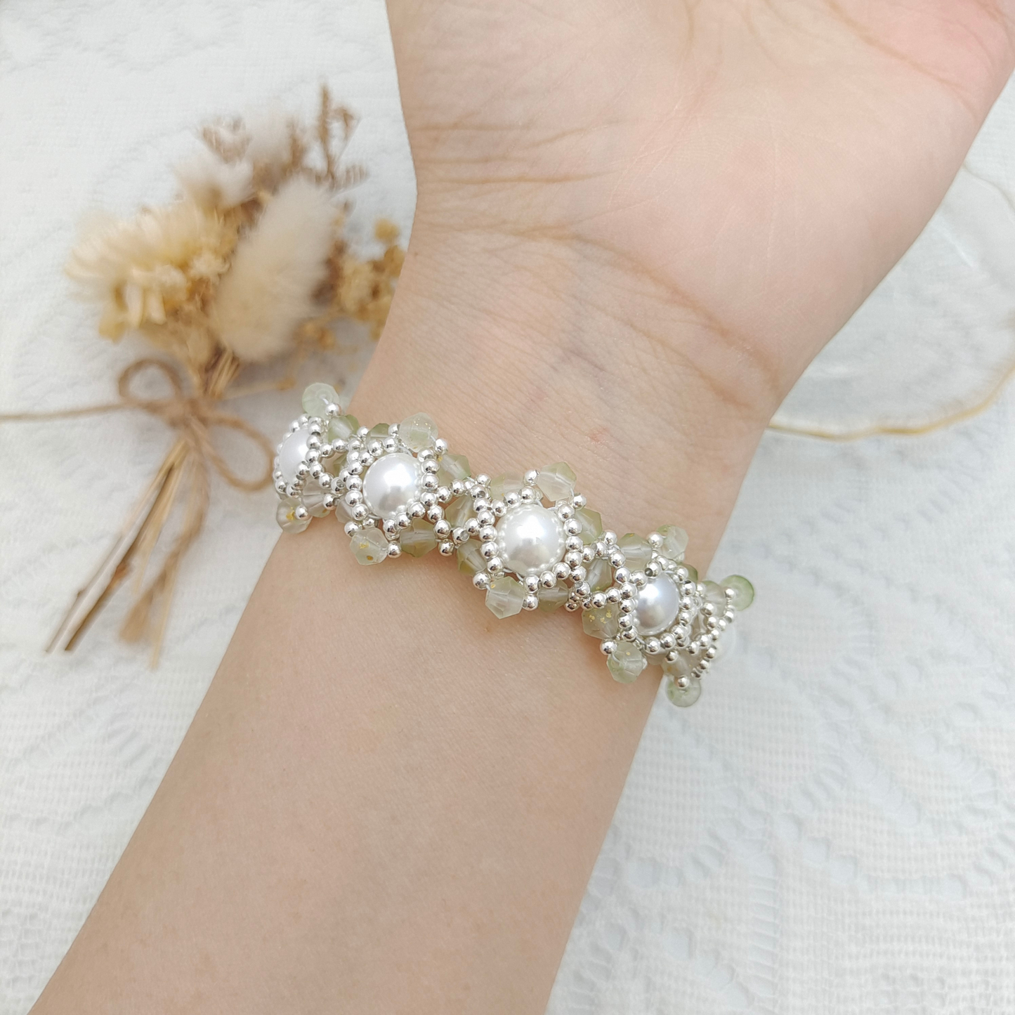 【No.85】 Handmade Bracelet – Summer Succulent with Pearls & Diamond Beads DIY Jewelry Craft Bracelet Gift for Her