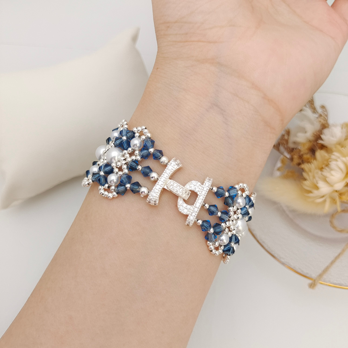 【No.83】 DIY Bracelet Craft Kit – French Lace Beaded Pearl & Crystal Bracelet with 3-Row Clasp