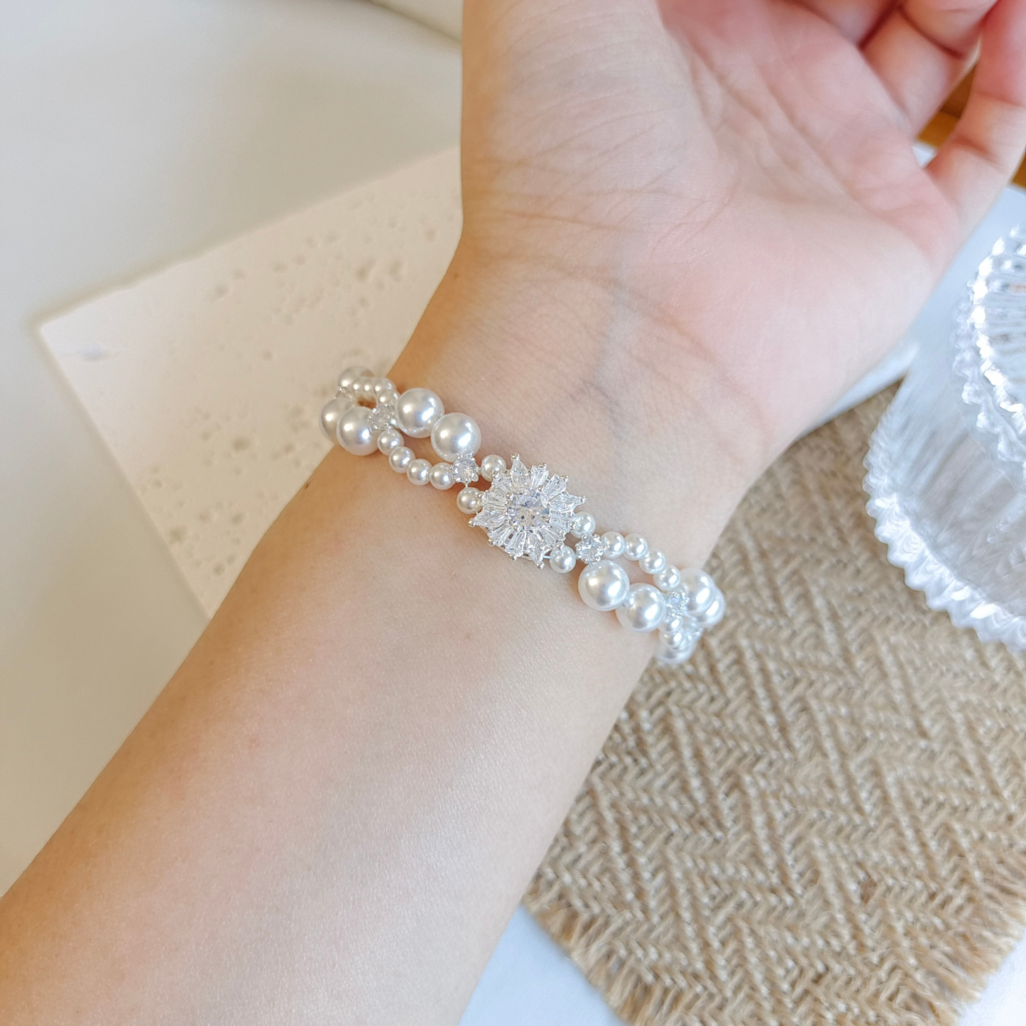 【No.48】 Dream Wedding Handmade Bracelet Pearl & Zircon Bridal DIY Bracelet – Elegant White Gift for Her