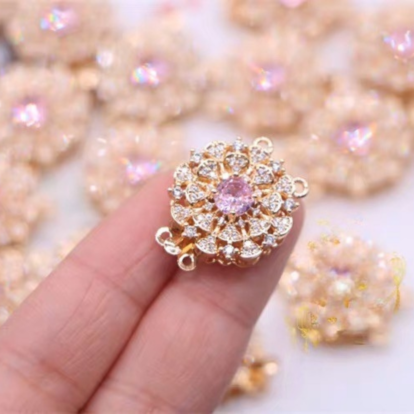 【B30】DIY Jewelry Clasp – Camellia Flower Box Clasp | 14K Gold-Plated Copper with Genuine Zircon | Non-Tarnish Beading Supplies