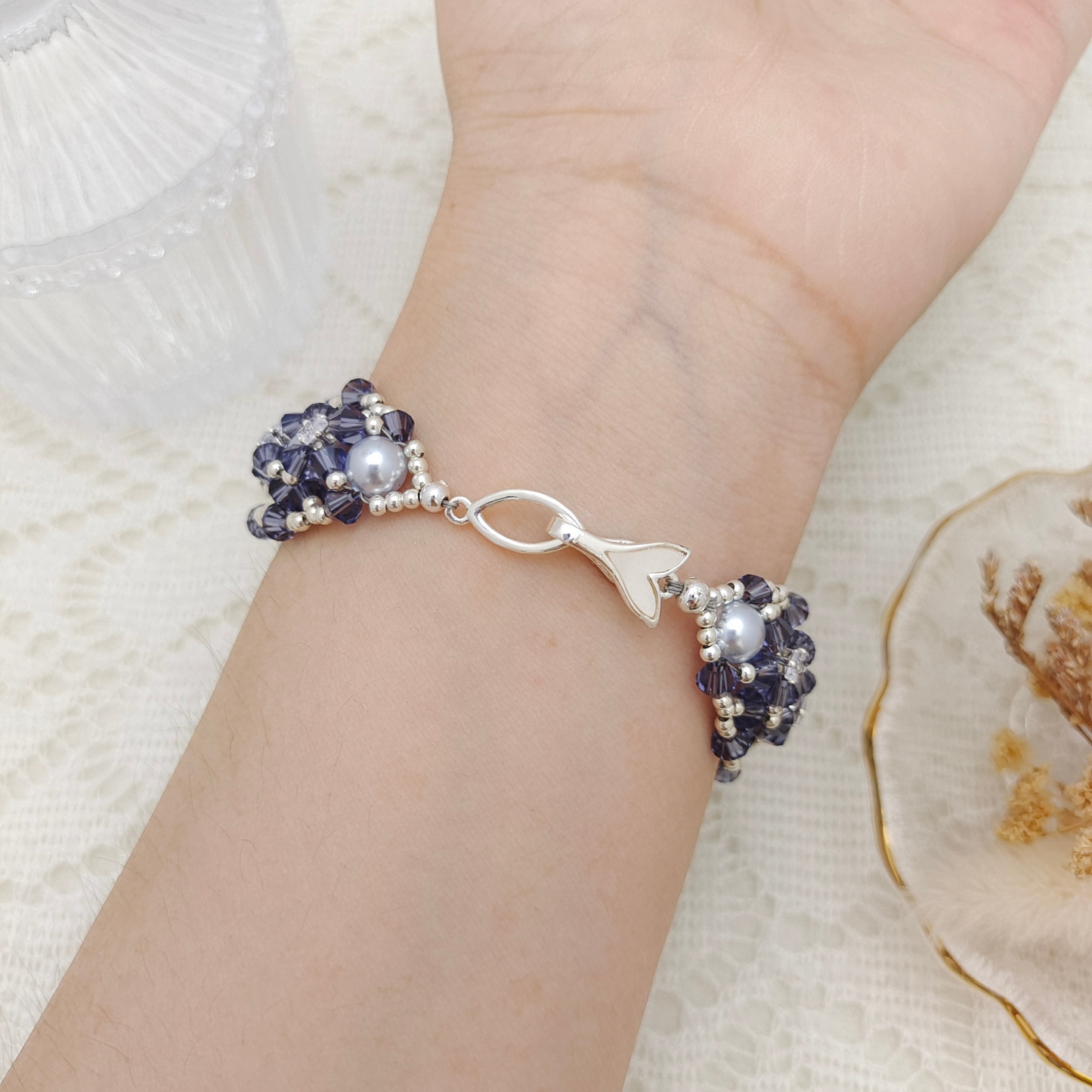 【No.118】DIY Handmade Bracelet | “Dance of the Mystic Lotus” with Pearls, CZ & Beads | Fish Tail Clasp Design