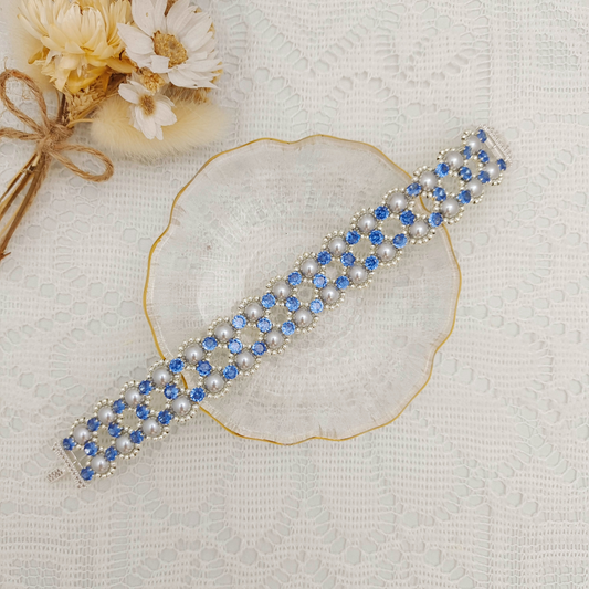 【No.98】Fancy Blue Handmade Bracelet | Pearls & Cubic Zirconia | Triple-Row Clasp