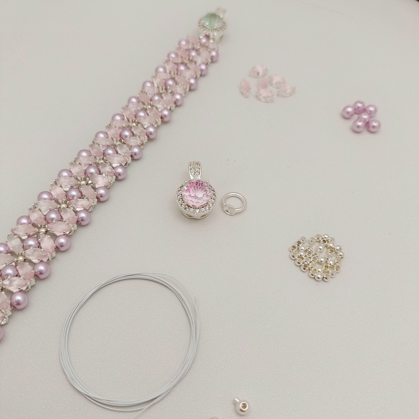 【No.99】DIY Bracelet Kit – Pink Fireworks with Lilac Pearls & Marquise Crystals | Full Tutorial Included