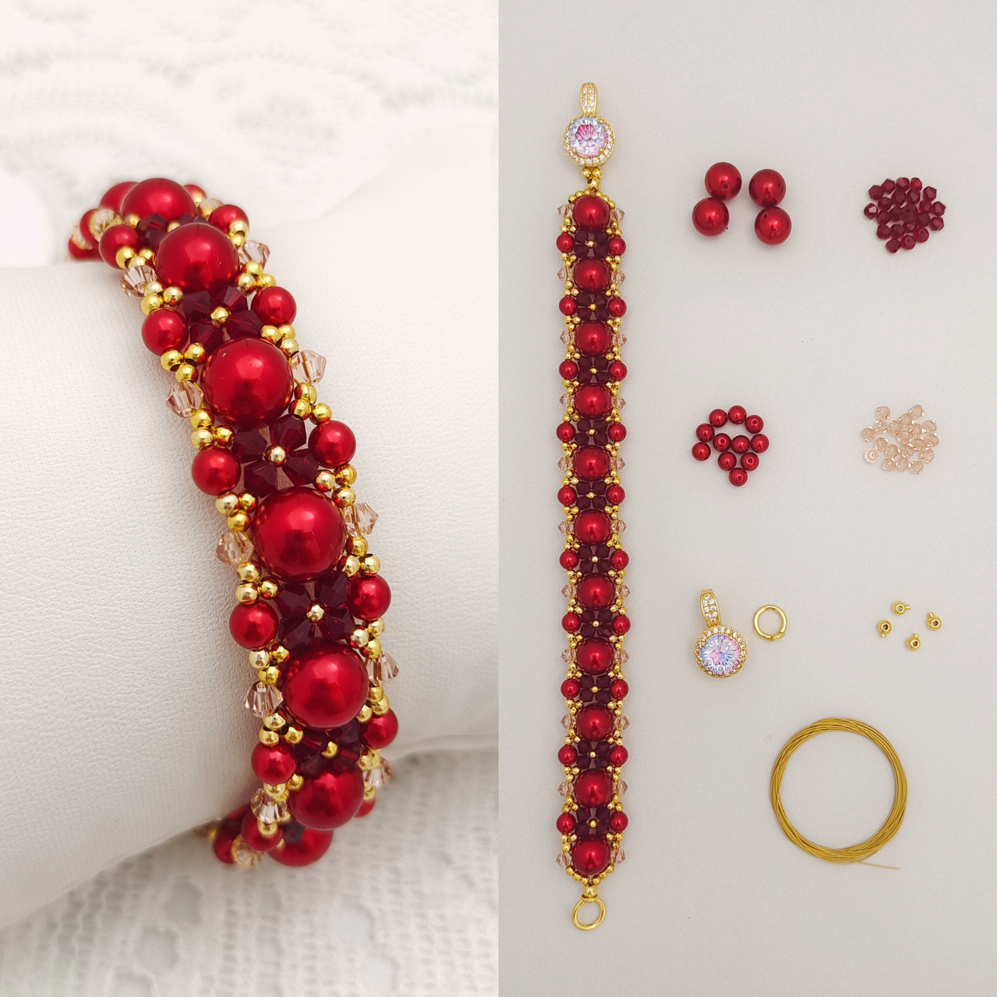【No.101】DIY Bracelet Kit – “Passion” Red & Pink Crystal with Pearls | Complete Jewelry Making Set with Tutorial