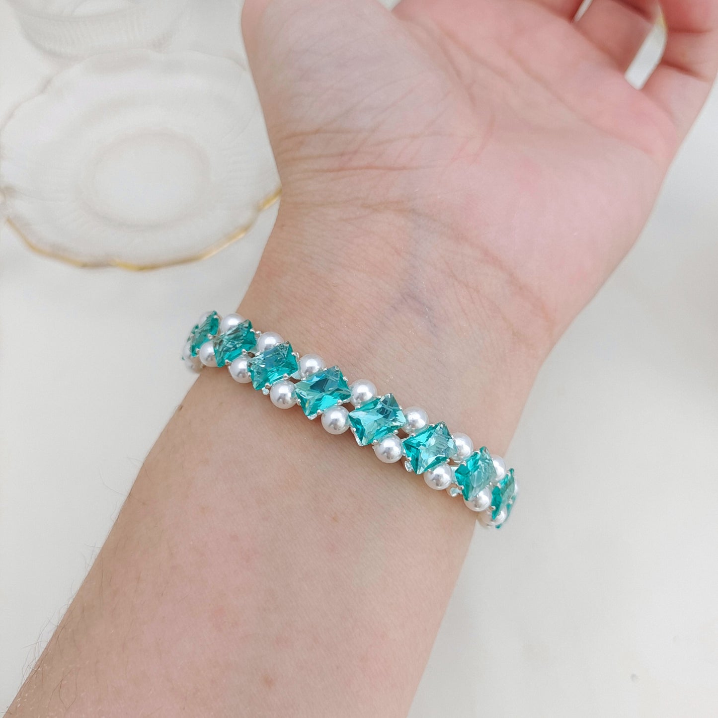 【No.176】DIY Square Zircon Pearl Bracelet Making Kit | Handmade Square Zircon Pearl Bracelet  | Complete Bead Kit with Tutorial | 4*7mm Square Zircon 4mm Pearl Craft Kit iFCraftorium