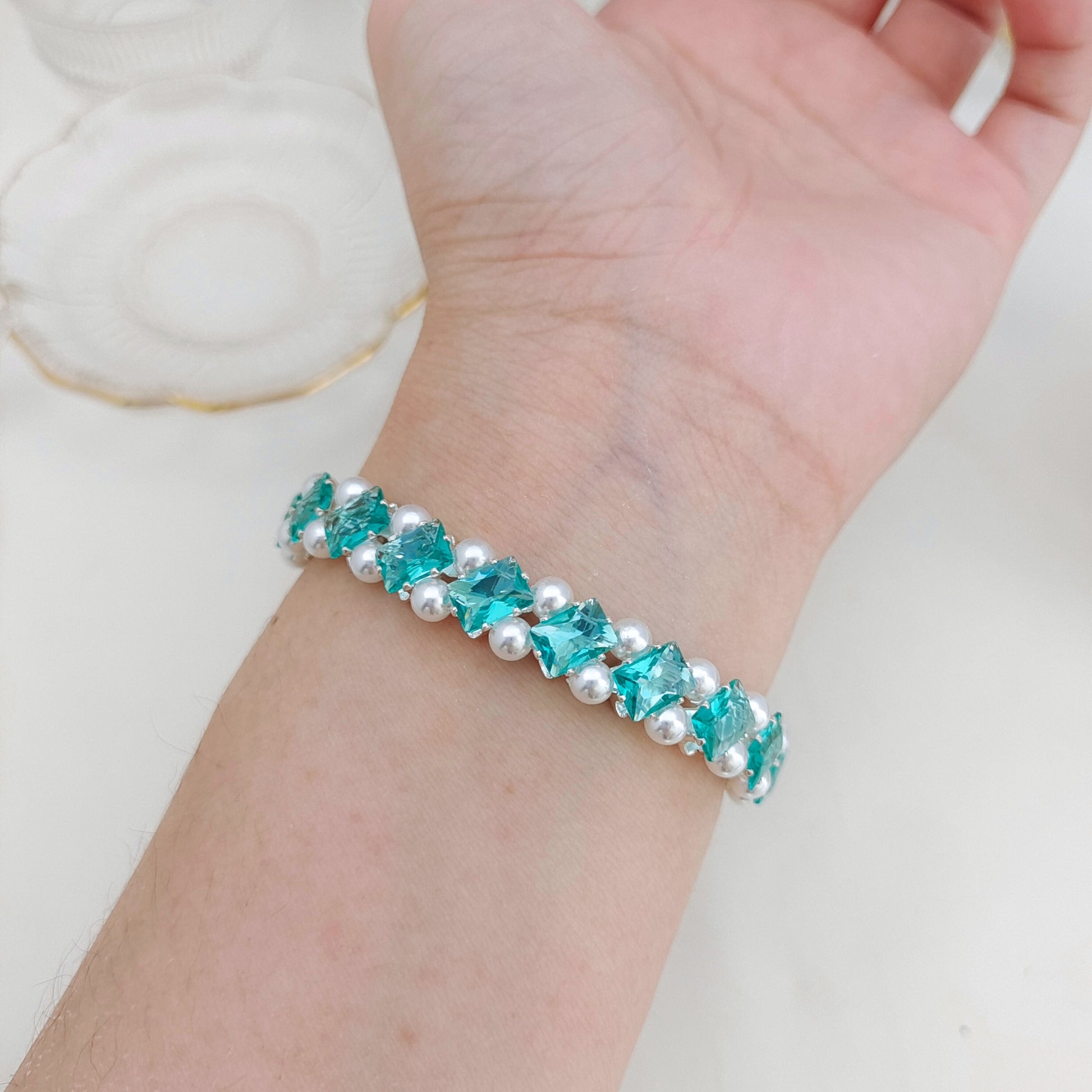 【No.176】DIY Square Zircon Pearl Bracelet Making Kit | Handmade Square Zircon Pearl Bracelet  | Complete Bead Kit with Tutorial | 4*7mm Square Zircon 4mm Pearl Craft Kit iFCraftorium