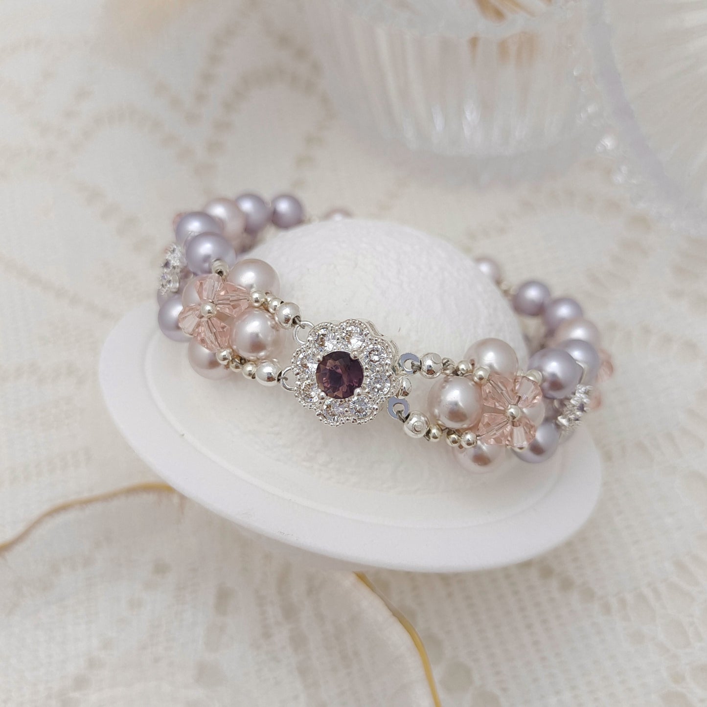 【No.128】DIY Bracelet Kit – Taro Milk Tea Design | Pearl, Diamond Beads & Zircon Clasp | Full Tutorial Included