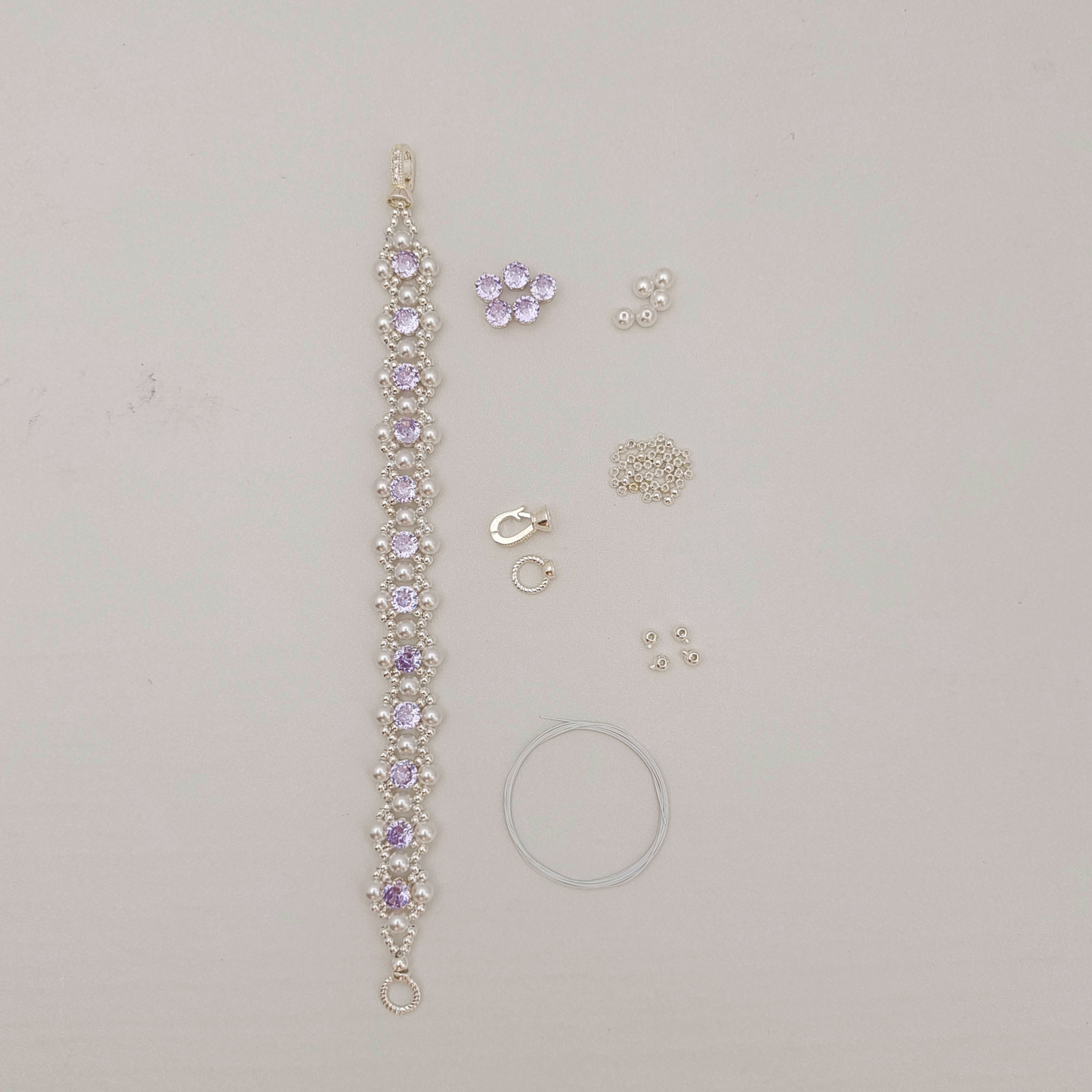 【No.62】 LilacPearl DIY Bracelet Craft Kit – Purple CZ, Pearl & Silver Seed Beads, Complete Tutorial Included Beading Materials