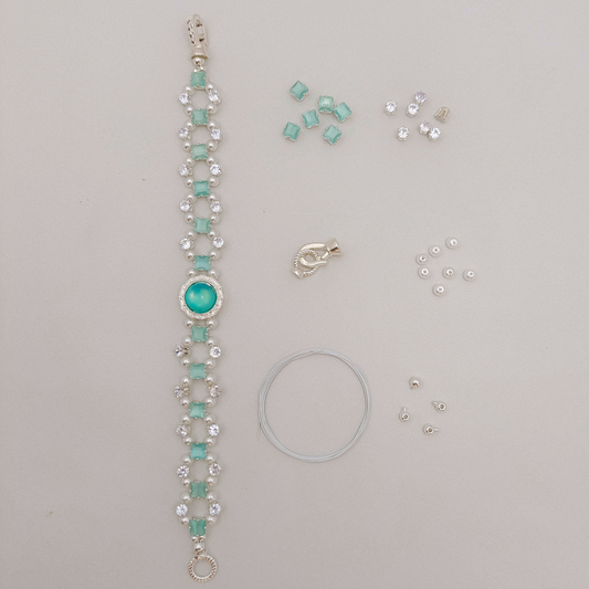 【No.68】 Persian Cat DIY Bracelet Craft Kit – Cat’s Eye Square CZ, White Zircon, Pearls & Tutorial Included