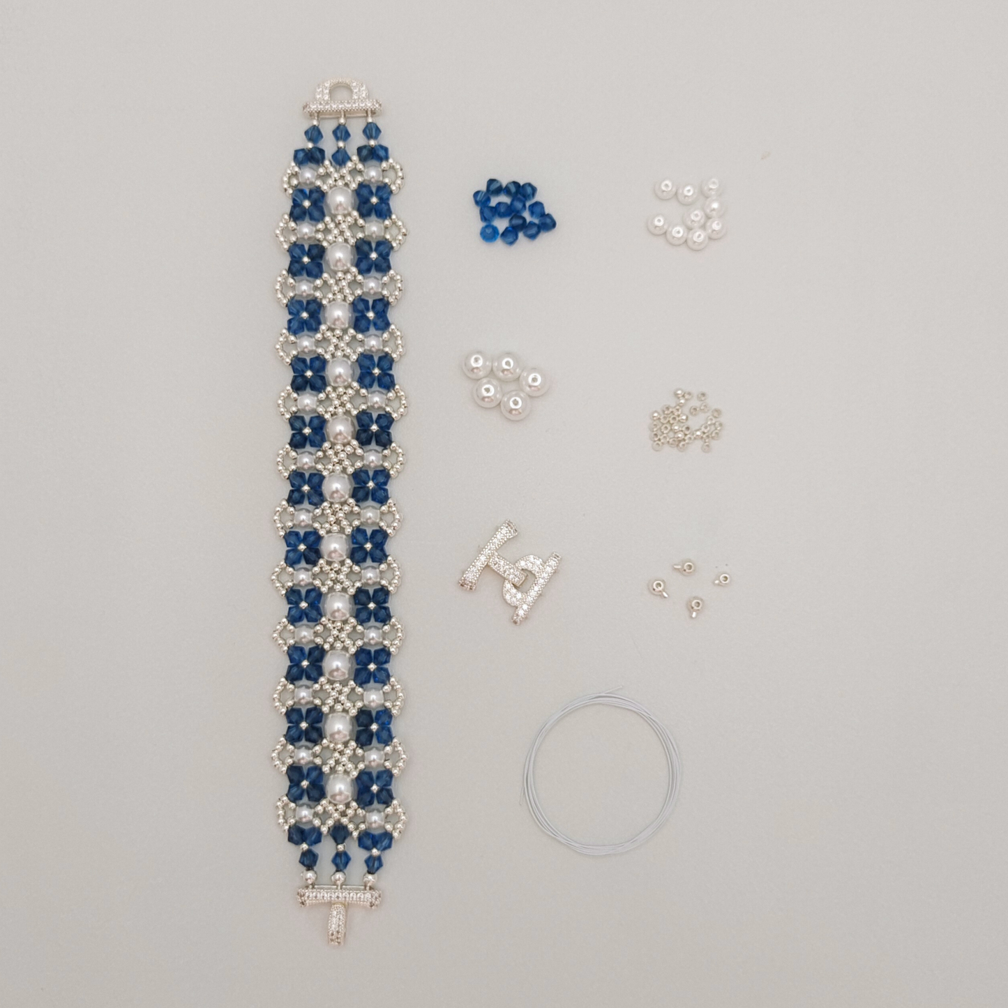 【No.83】 DIY Bracelet Craft Kit – French Lace Beaded Pearl & Crystal Bracelet with 3-Row Clasp