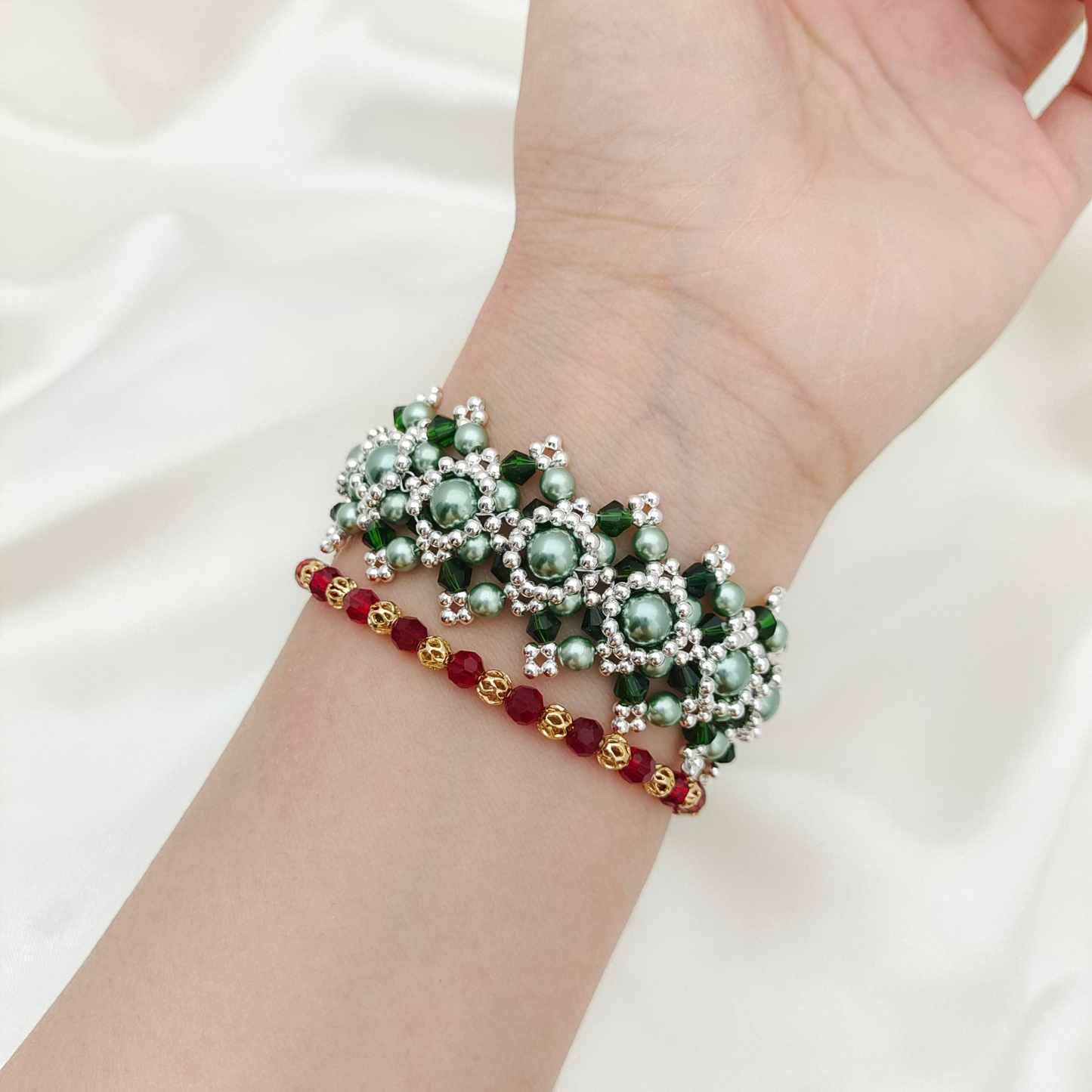 【No.53】 Vintage Peacock Green DIY Bracelet Craft Kit | Pearl & Crystal | Handmade Jewelry Includes Tutorial
