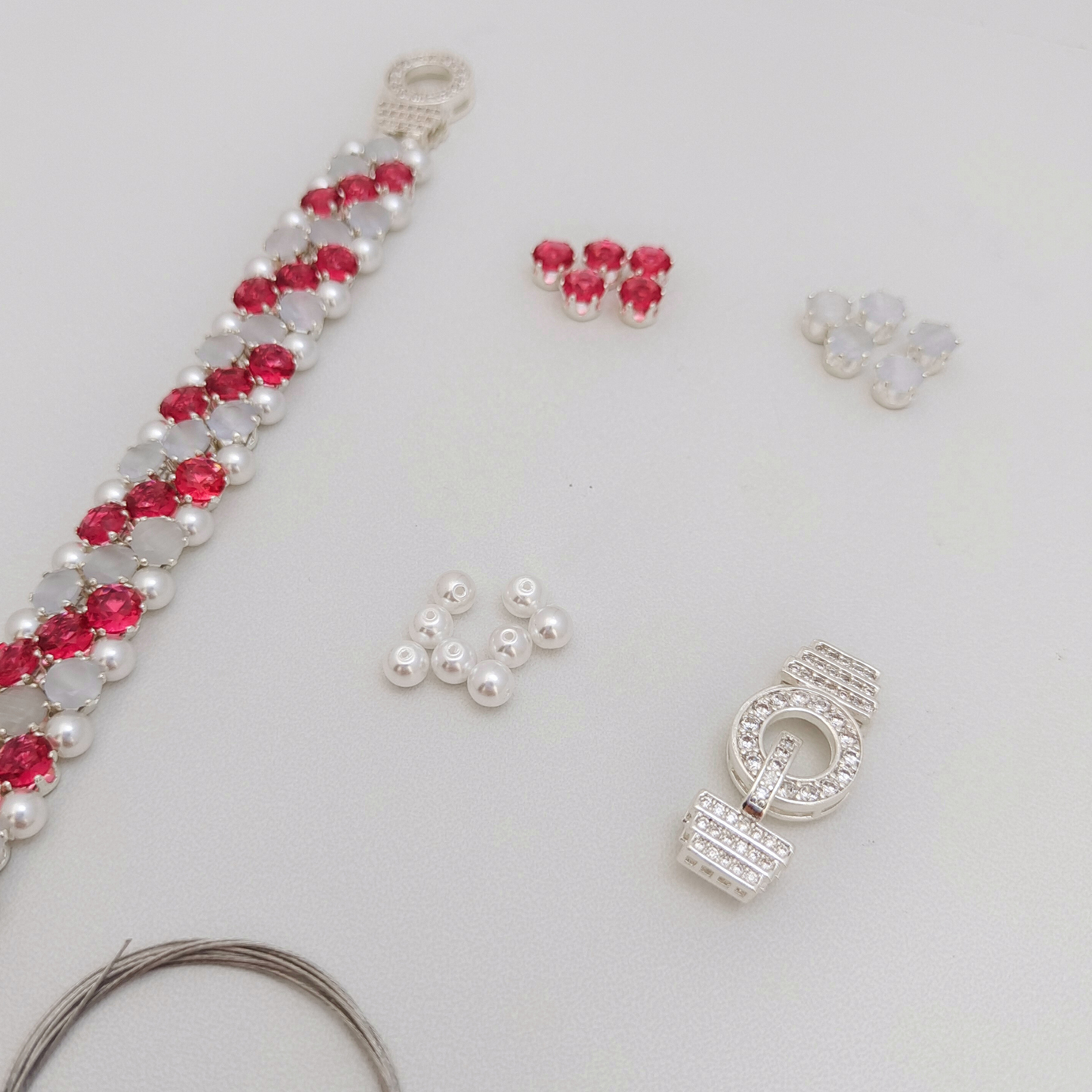 【90】DIY Bracelet Kit – Carnation | Rose Red CZ + White Cat Eye + Pearls | Full Tutorial Included