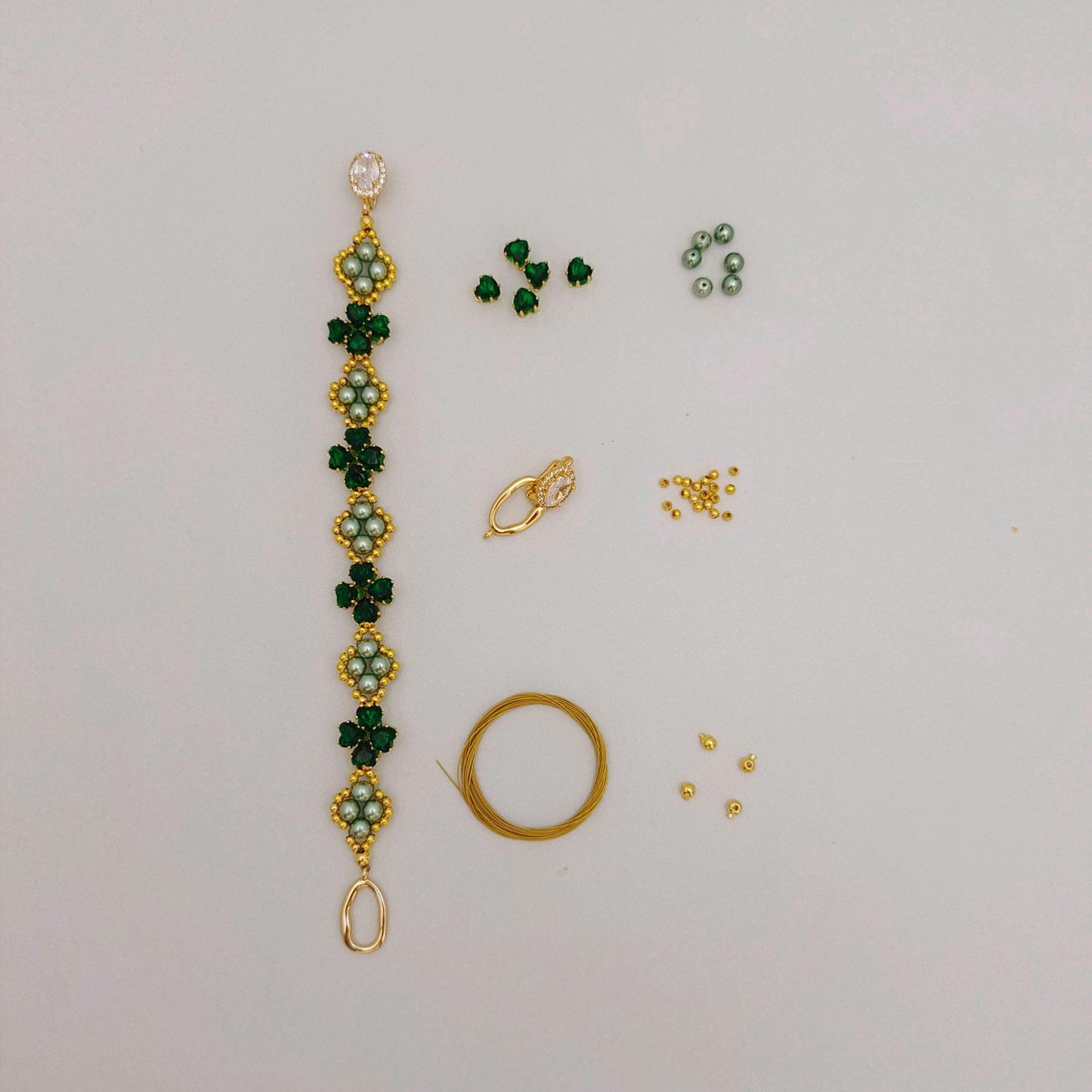 【No.70】 Clover DIY Bracelet Craft Kit Handmade Jewelry – Heart CZ Beads, Pearls, Oval Clasp & Complete Tutorial Gift for Her
