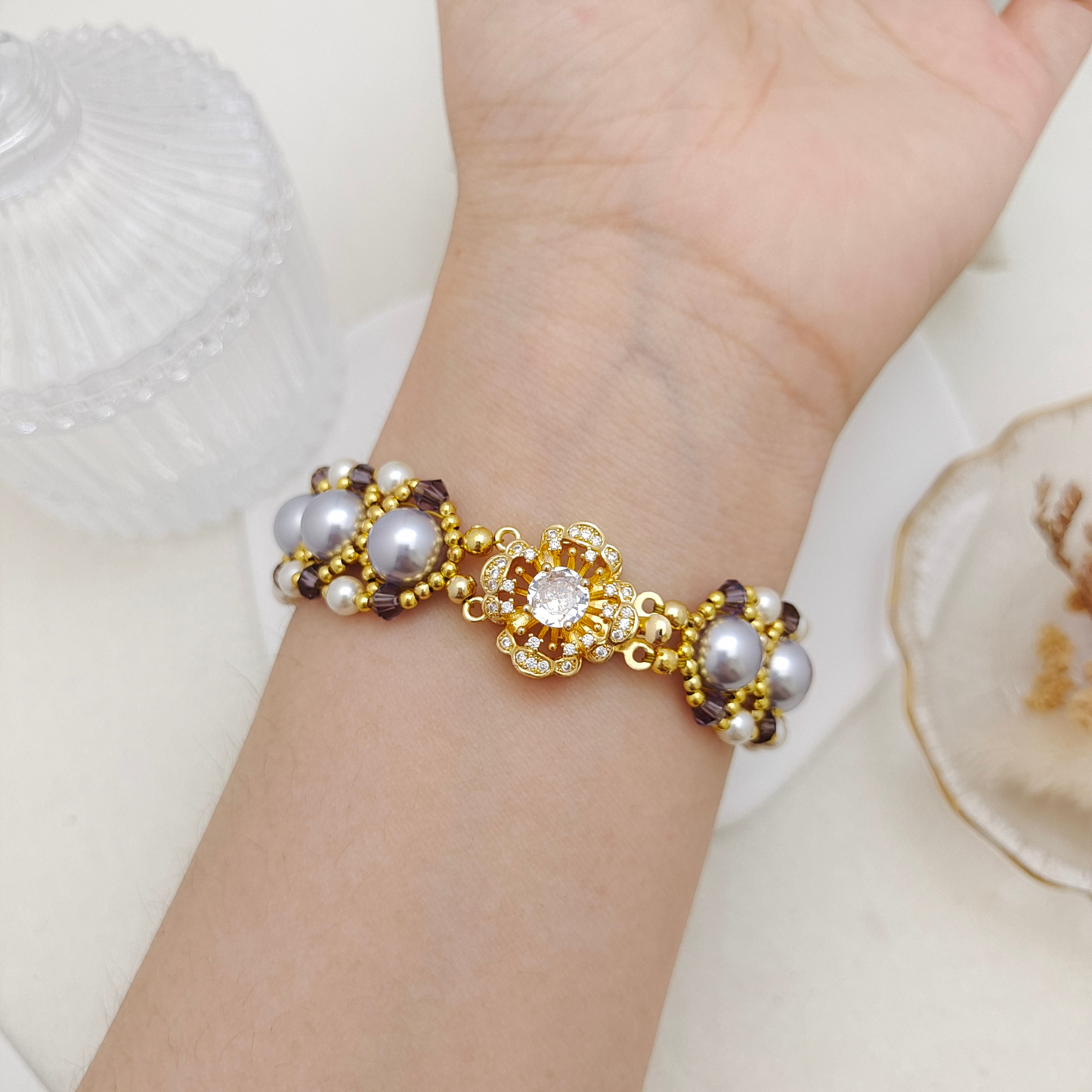 【No.113】DIY Beading Kit | Violet Pearl Weave Bracelet Materials + Full Tutorial | Pearls, Crystal Beads & Clasp Set