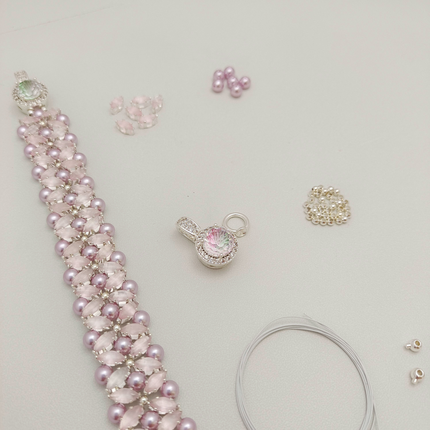 【No.99】DIY Bracelet Kit – Pink Fireworks with Lilac Pearls & Marquise Crystals | Full Tutorial Included