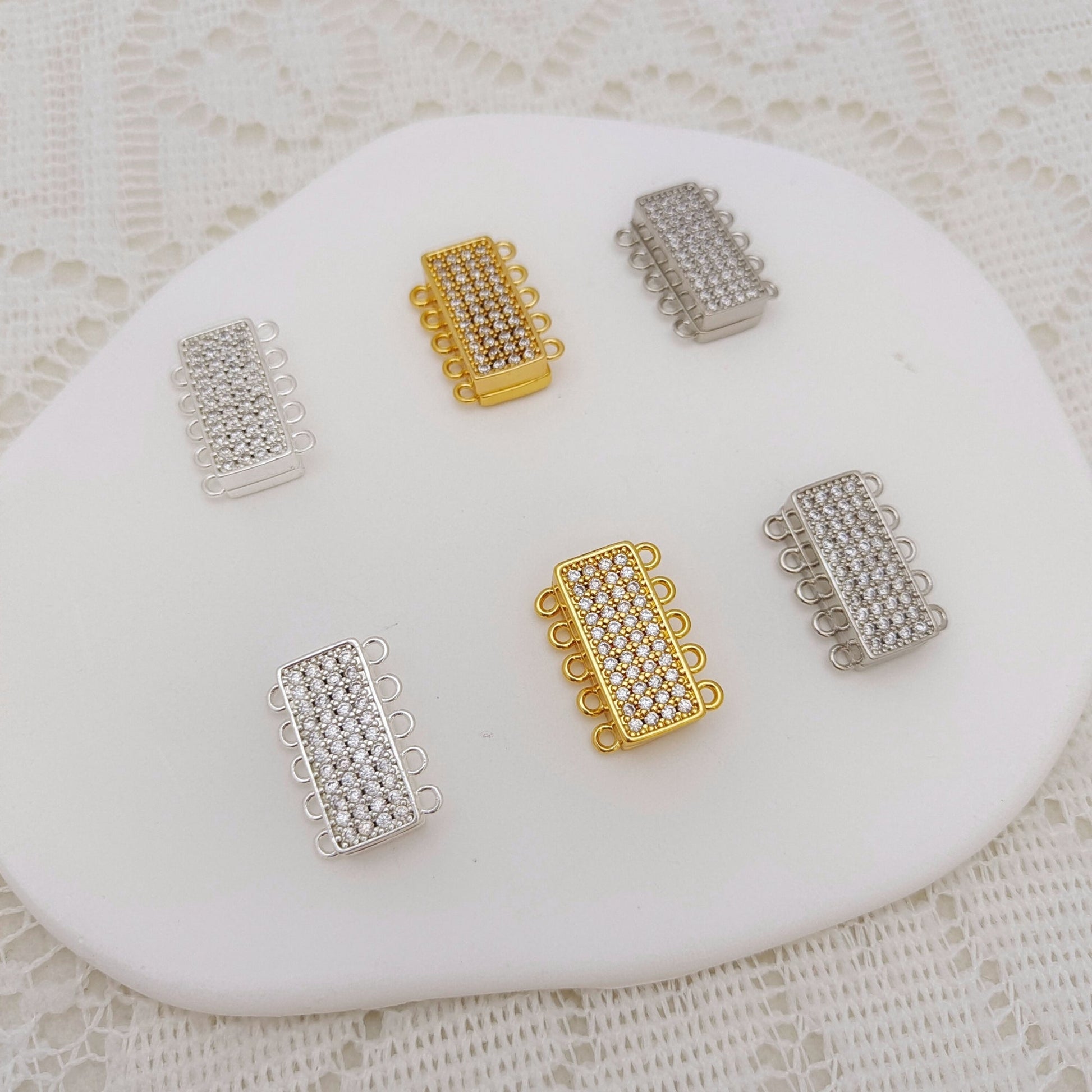 【B44】DIY Jewelry Clasp – 5-Hole Magnetic Box Clasp with Full Zircon | 18K Gold/Silver Plated High-Color Retention Copper Connector | Beading Accessories iFCraftorium