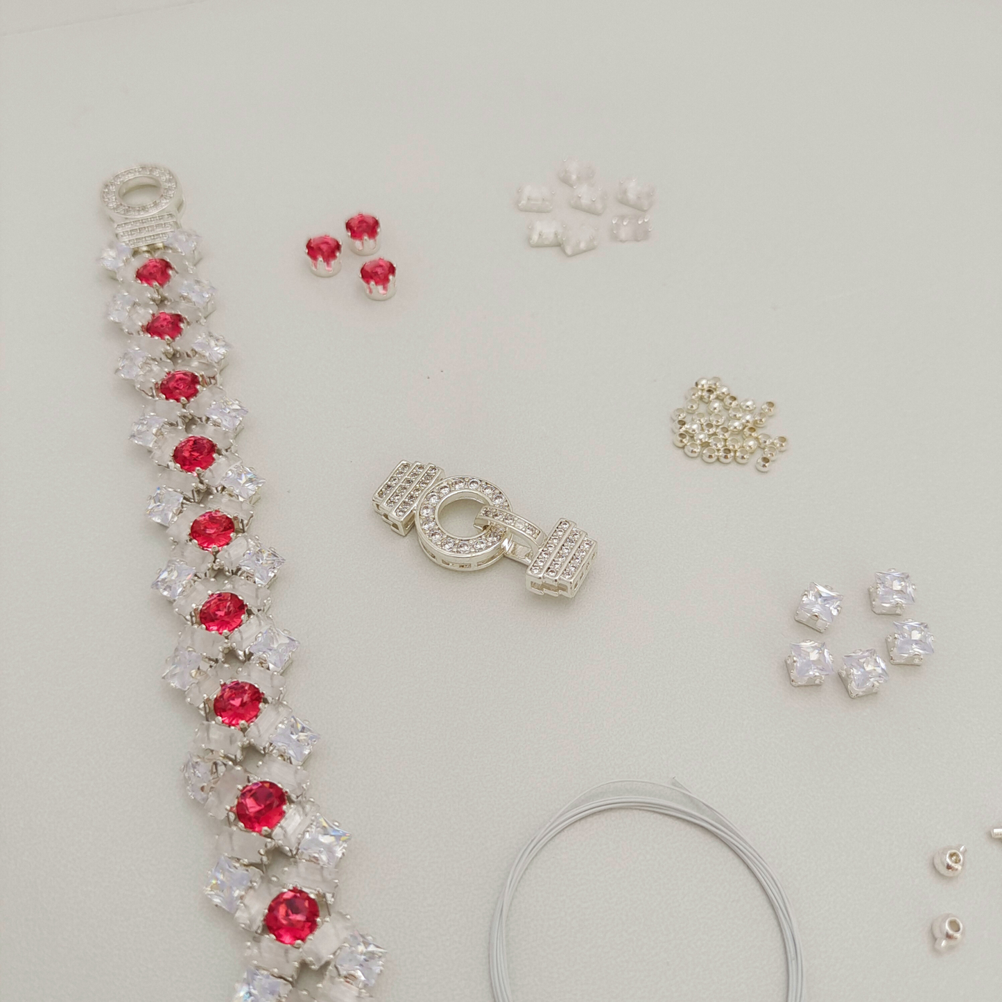 【No.100】DIY Bracelet Kit – “Lily” with Rectangular, Square & Round CZ Stones | Full Tutorial Included