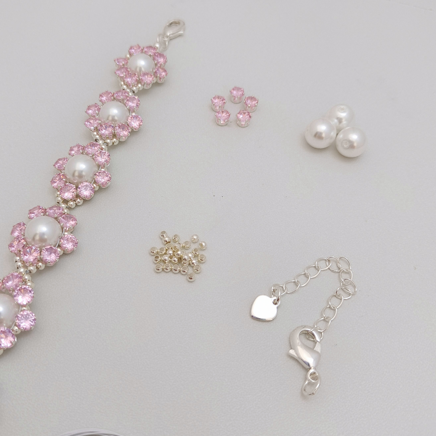 【No.93】DIY Bracelet Kit – Pink Rose Design | 8mm Pearls + Pink CZ Beads | Full Tutorial Included