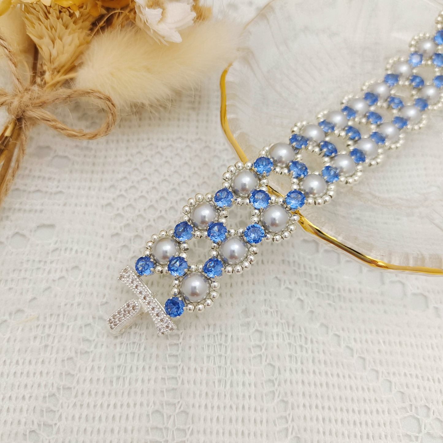 【No.98】Fancy Blue Handmade Bracelet | Pearls & Cubic Zirconia | Triple-Row Clasp