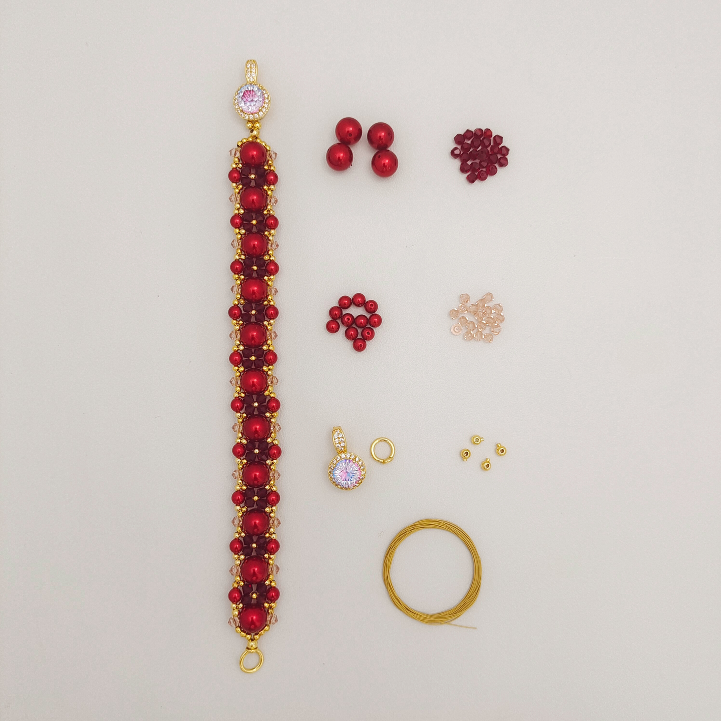 【No.101】DIY Bracelet Kit – “Passion” Red & Pink Crystal with Pearls | Complete Jewelry Making Set with Tutorial