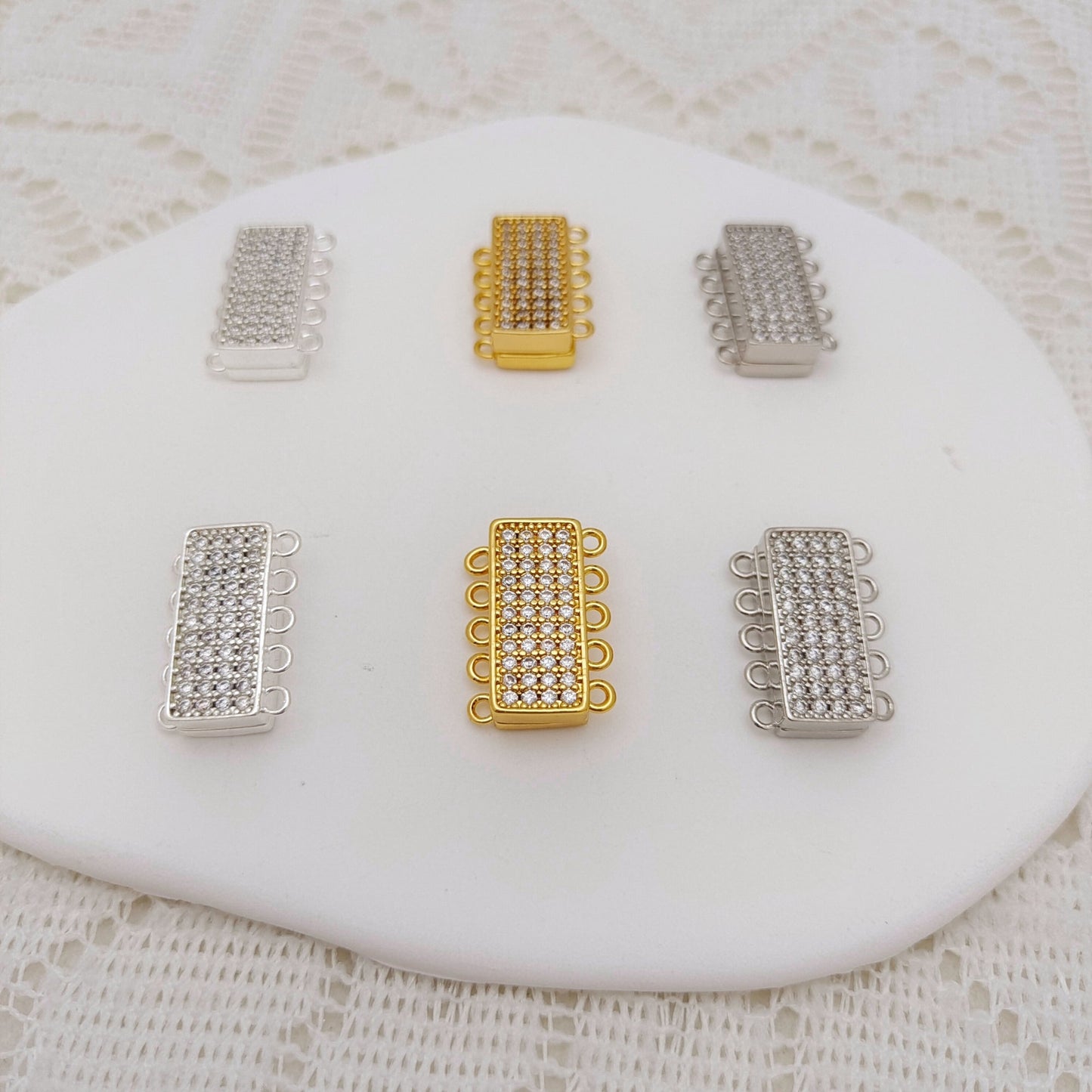 【B44】DIY Jewelry Clasp – 5-Hole Magnetic Box Clasp with Full Zircon | 18K Gold/Silver Plated High-Color Retention Copper Connector | Beading Accessories iFCraftorium