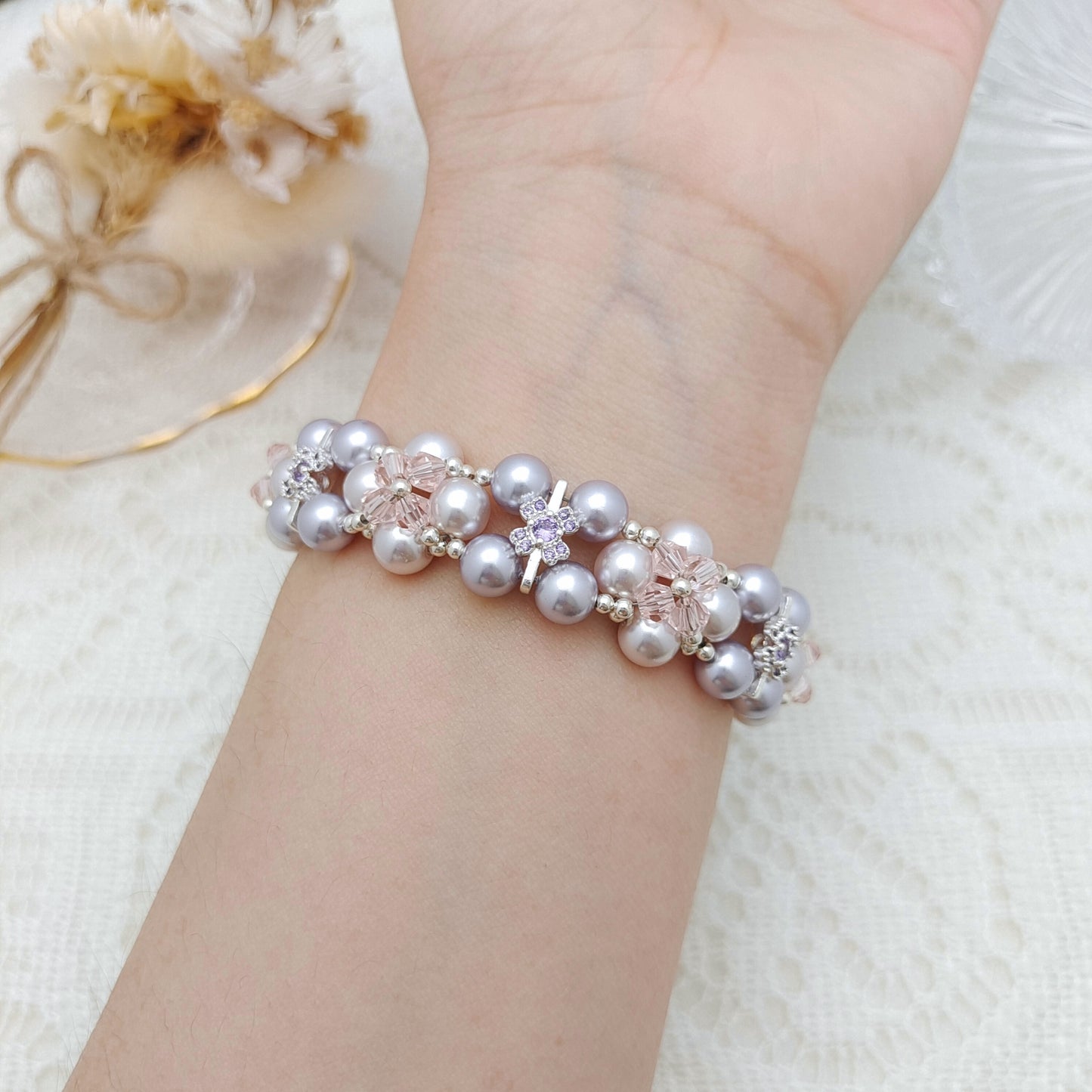 【No.128】DIY Bracelet Kit – Taro Milk Tea Design | Pearl, Diamond Beads & Zircon Clasp | Full Tutorial Included