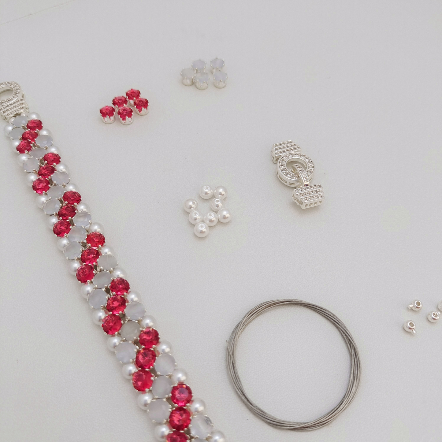 【90】DIY Bracelet Kit – Carnation | Rose Red CZ + White Cat Eye + Pearls | Full Tutorial Included