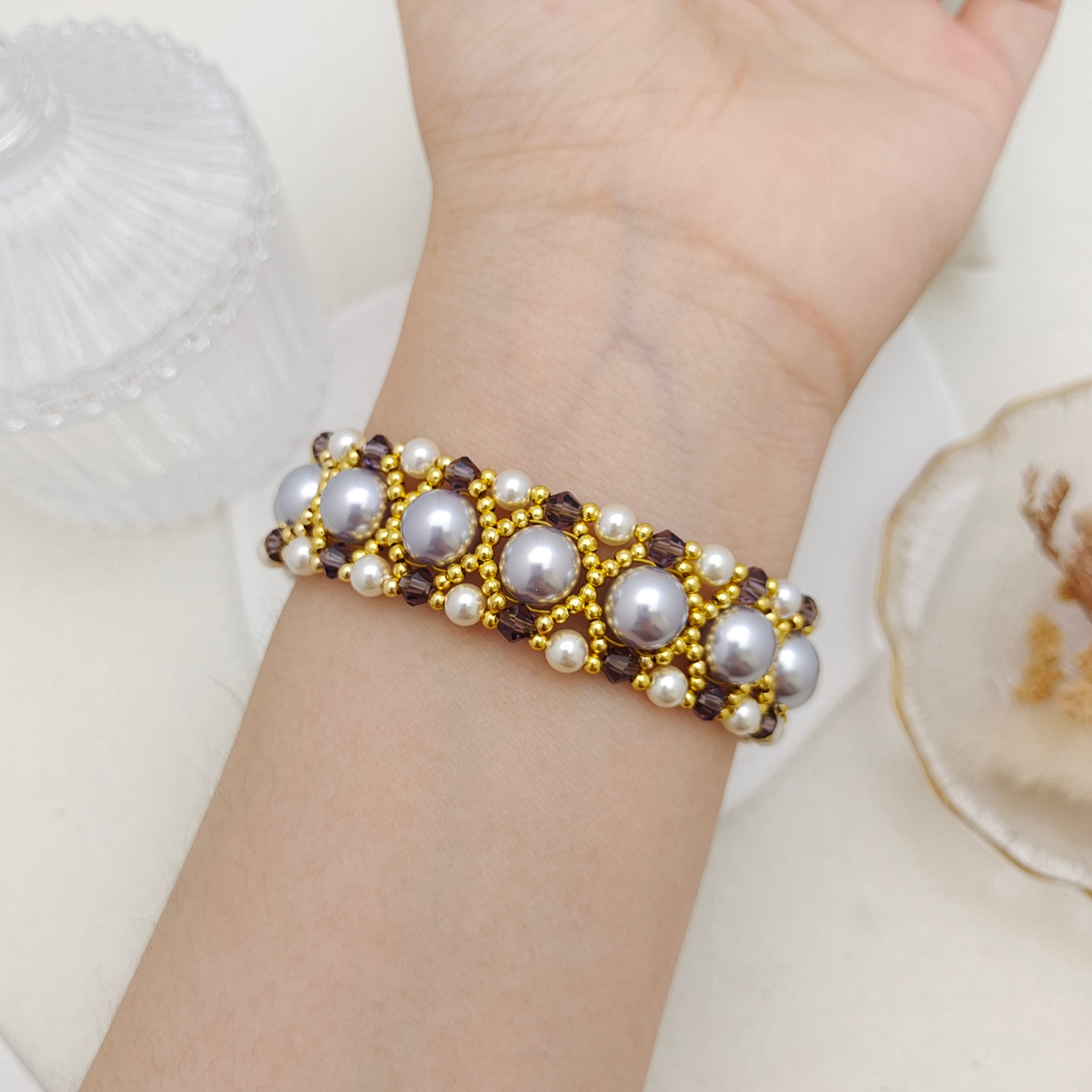 【No.113】DIY Beading Kit | Violet Pearl Weave Bracelet Materials + Full Tutorial | Pearls, Crystal Beads & Clasp Set