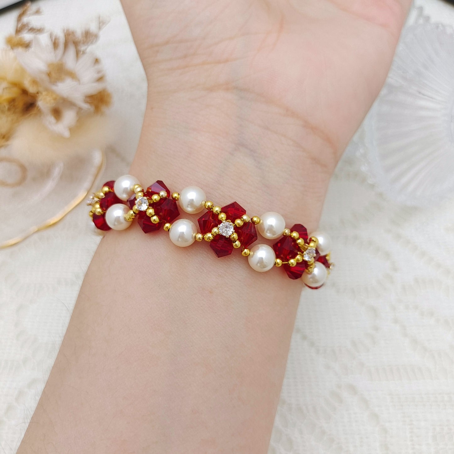 【No.126】DIY Bracelet Kit – Mary Design with Pearls, Diamond Beads & Bowknot Clasp | Complete Jewelry Tutorial