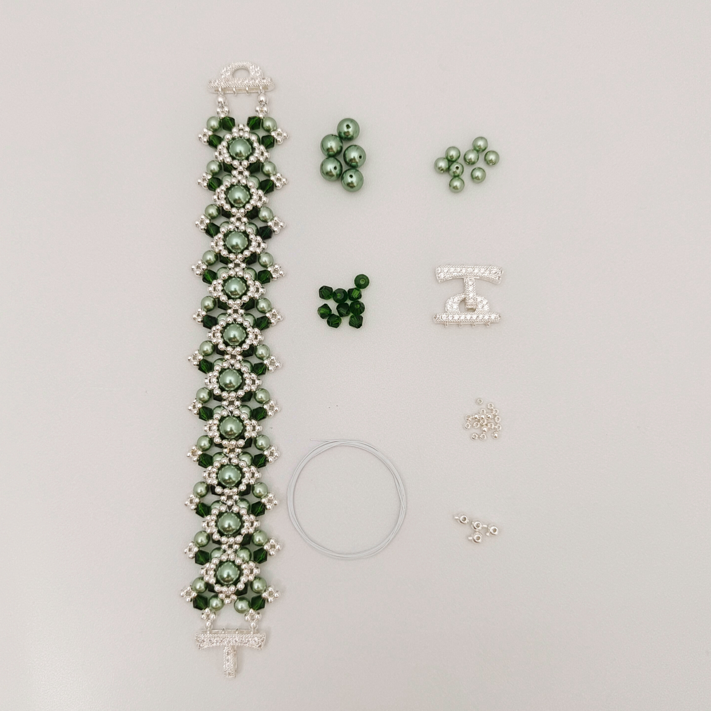 【No.53】 Vintage Peacock Green DIY Bracelet Craft Kit | Pearl & Crystal | Handmade Jewelry Includes Tutorial