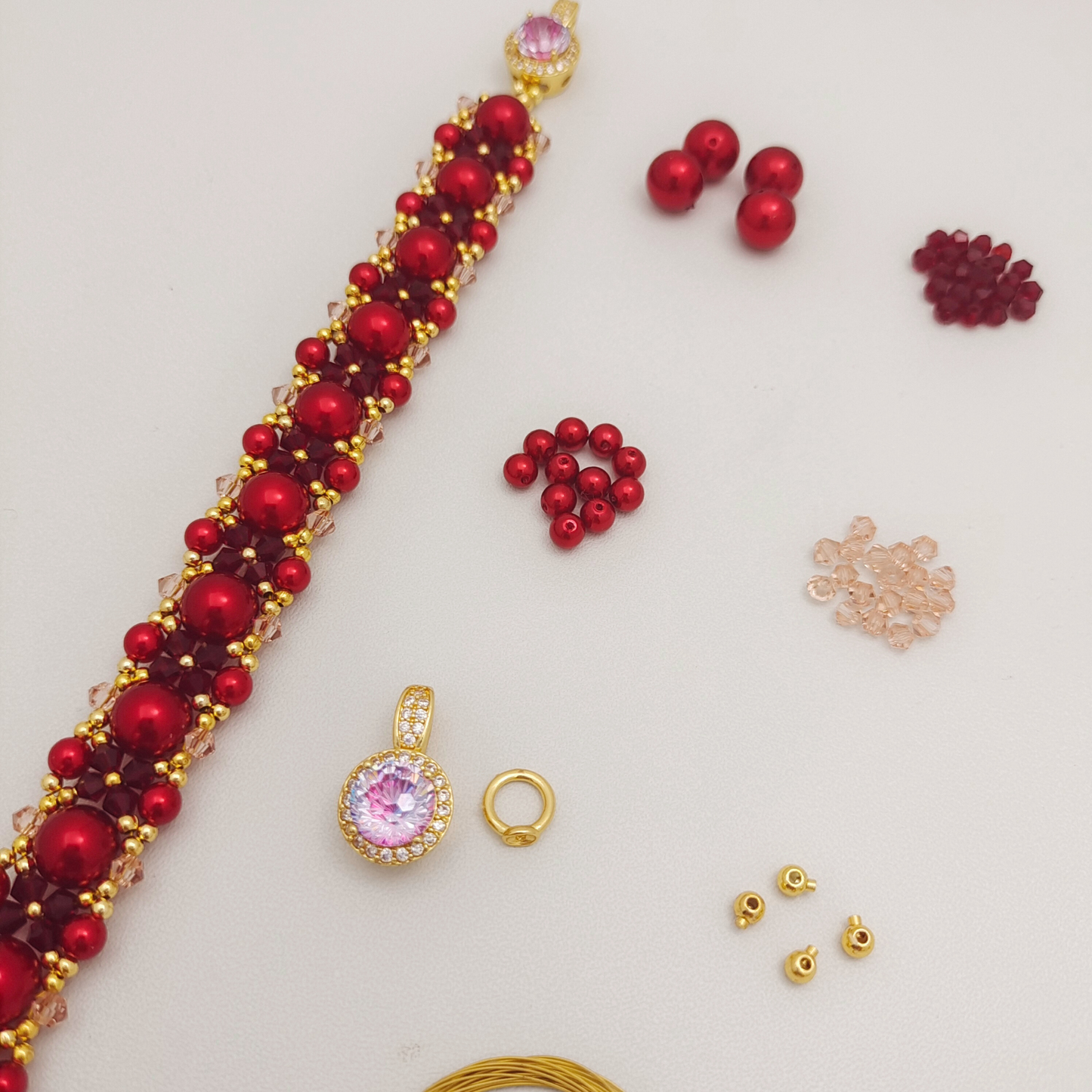 【No.101】DIY Bracelet Kit – “Passion” Red & Pink Crystal with Pearls | Complete Jewelry Making Set with Tutorial