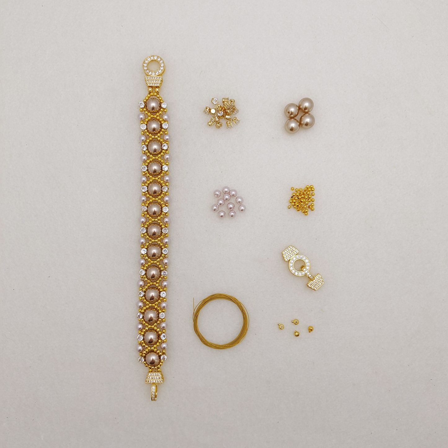 【No.114】DIY Beading Kit | Aureate Bead Blossom Bracelet Materials + Full Tutorial | Pearls, CZ Beads & Lollipop O-Clasp