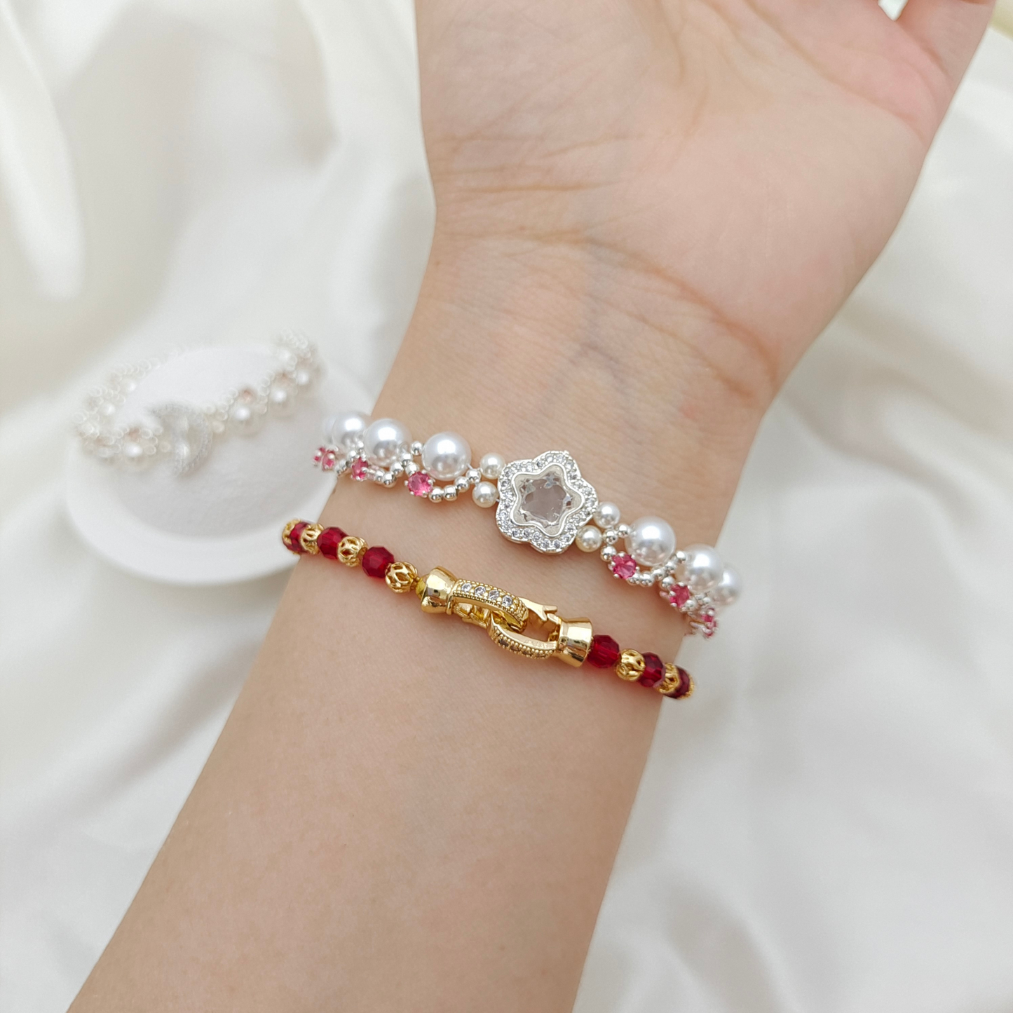 【No.50】 Star & Moon DIY Bracelet Craft Kit with Pearls & Cubic Zirconia | Complete Jewelry Making Kit